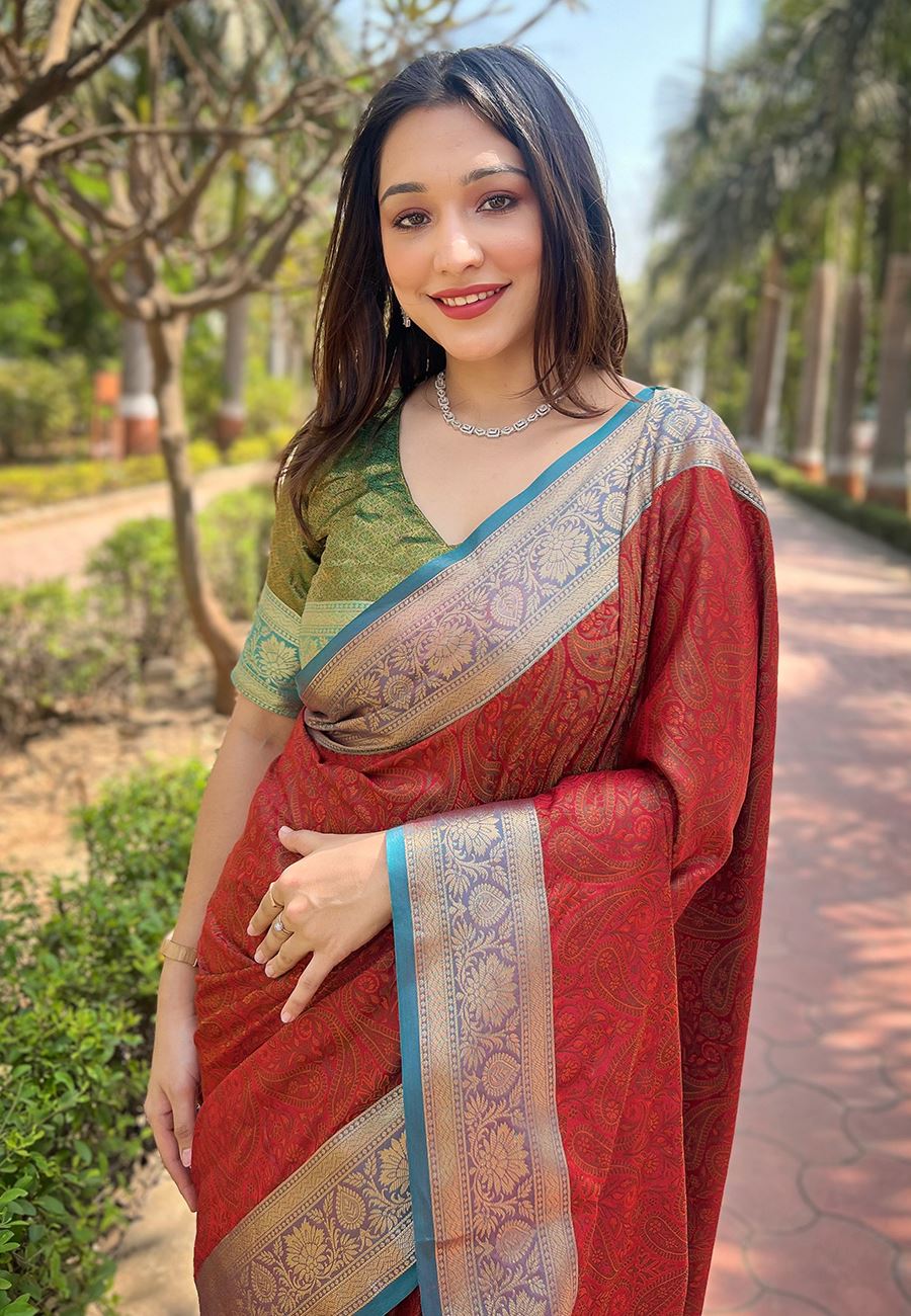 Red Silk Blend Saree With Zari and Woven Work