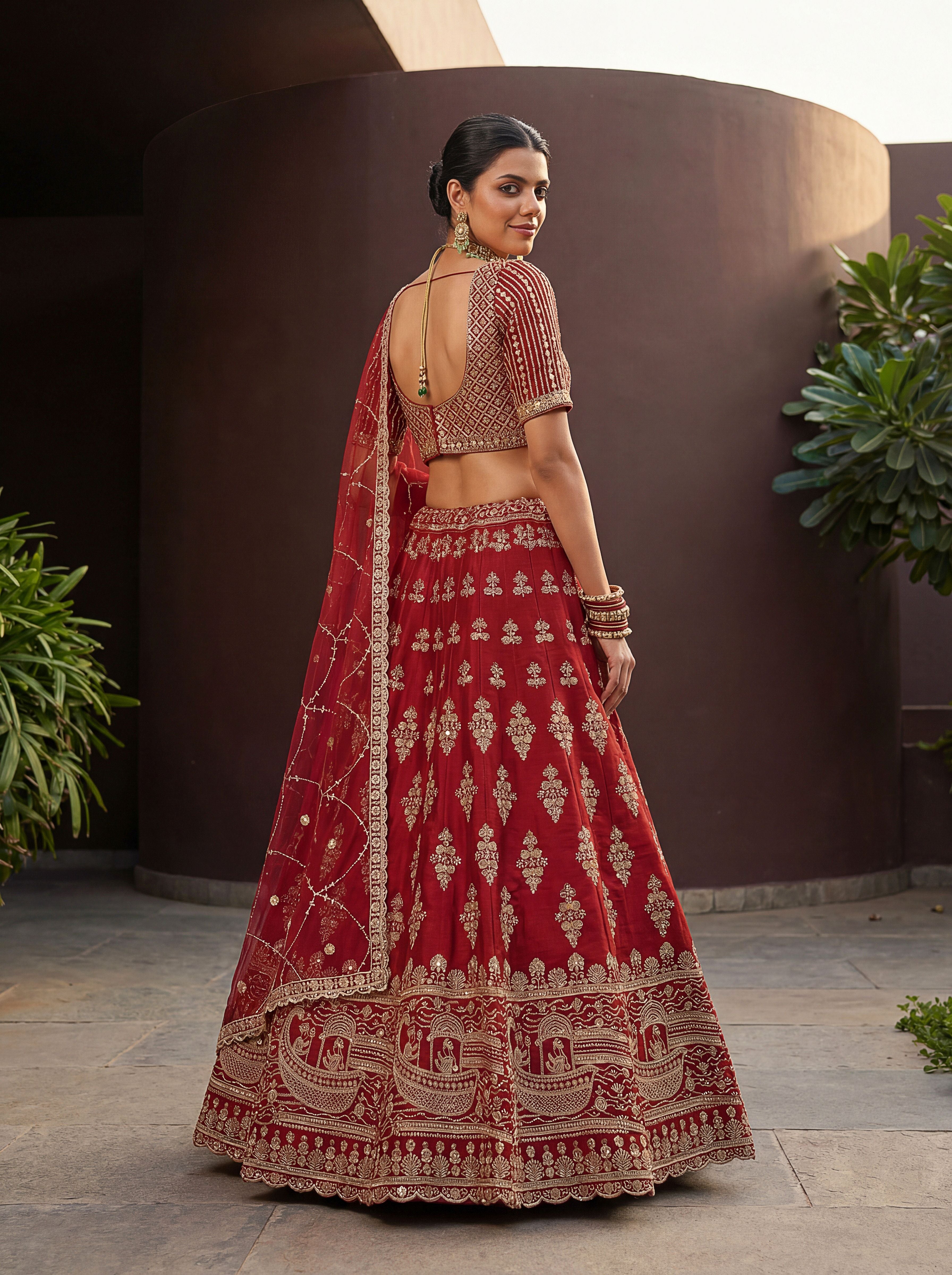 Red Silk Lehenga Choli With Hand Work With Jari Embroidery And Pipe Work