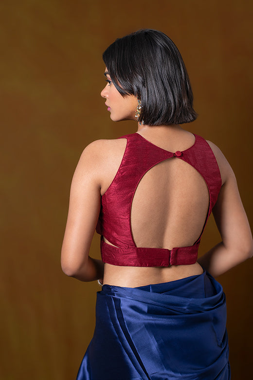 Red Sleeveless Blouse in Art Silk with Cut Out Back