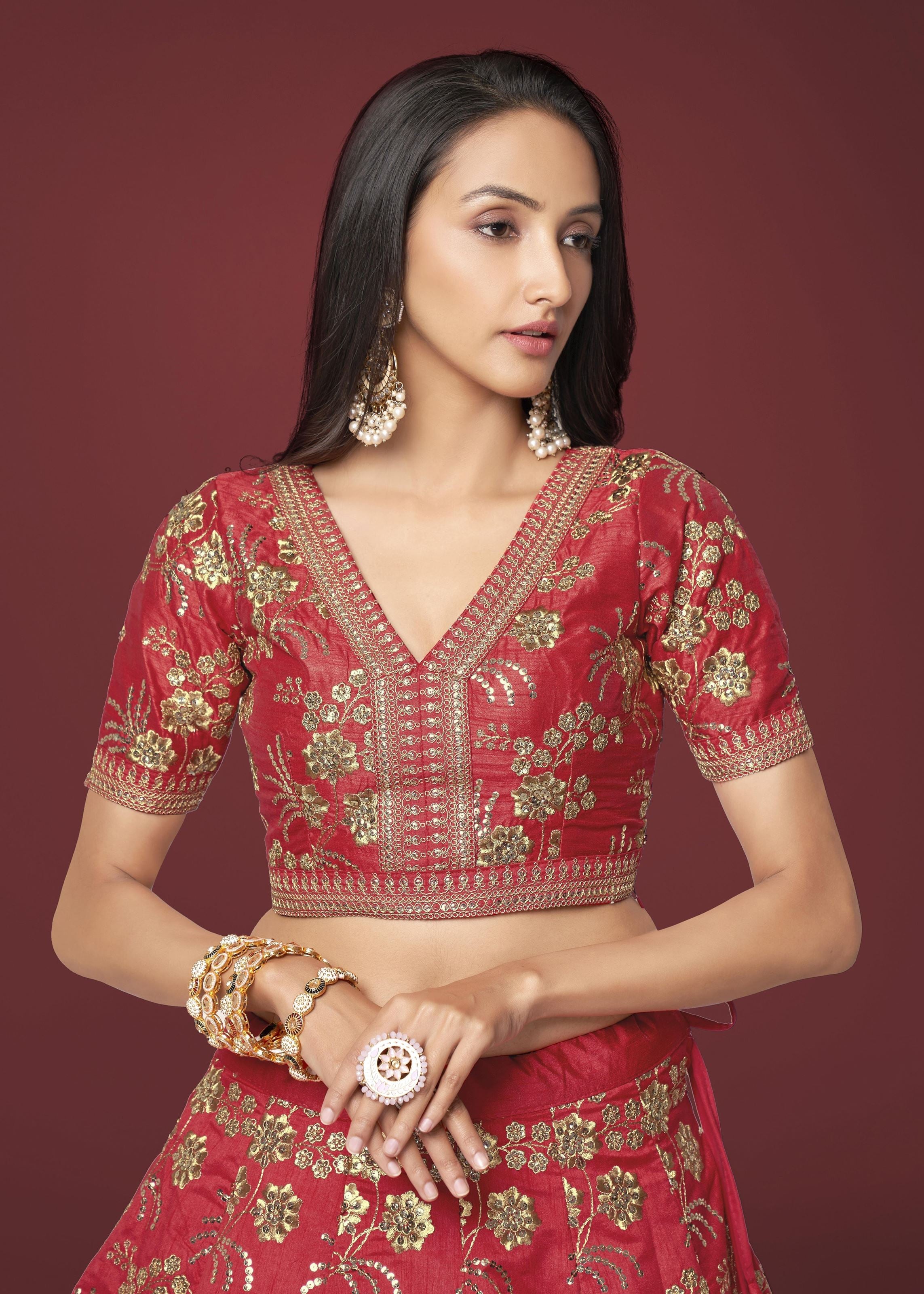 Red Slub Silk Lehenga Choli With Zari Sequins and Dori Embroidery Work