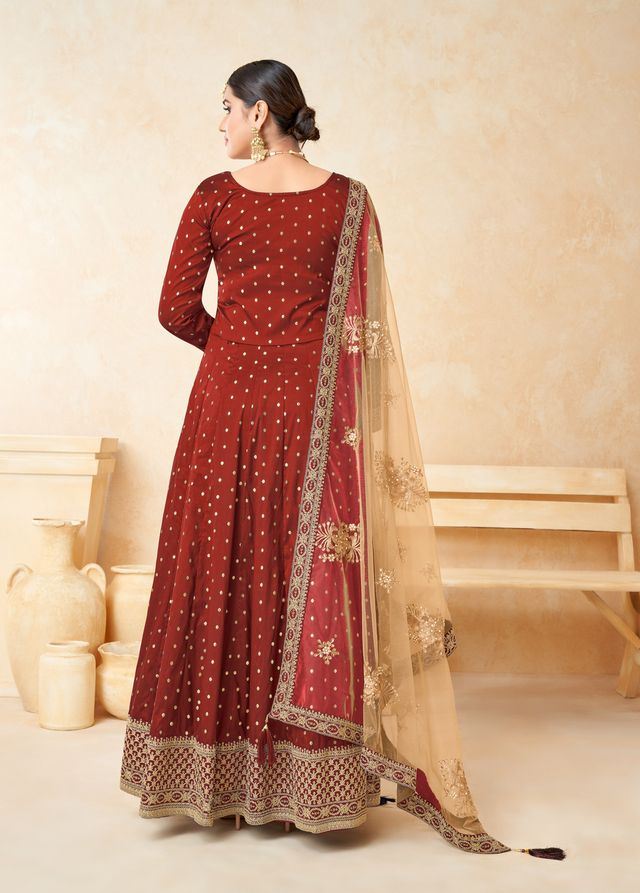 Red Taffeta Butti Heavy Thread Embroidery, Zari With Sequins Work  Anarkali Suits