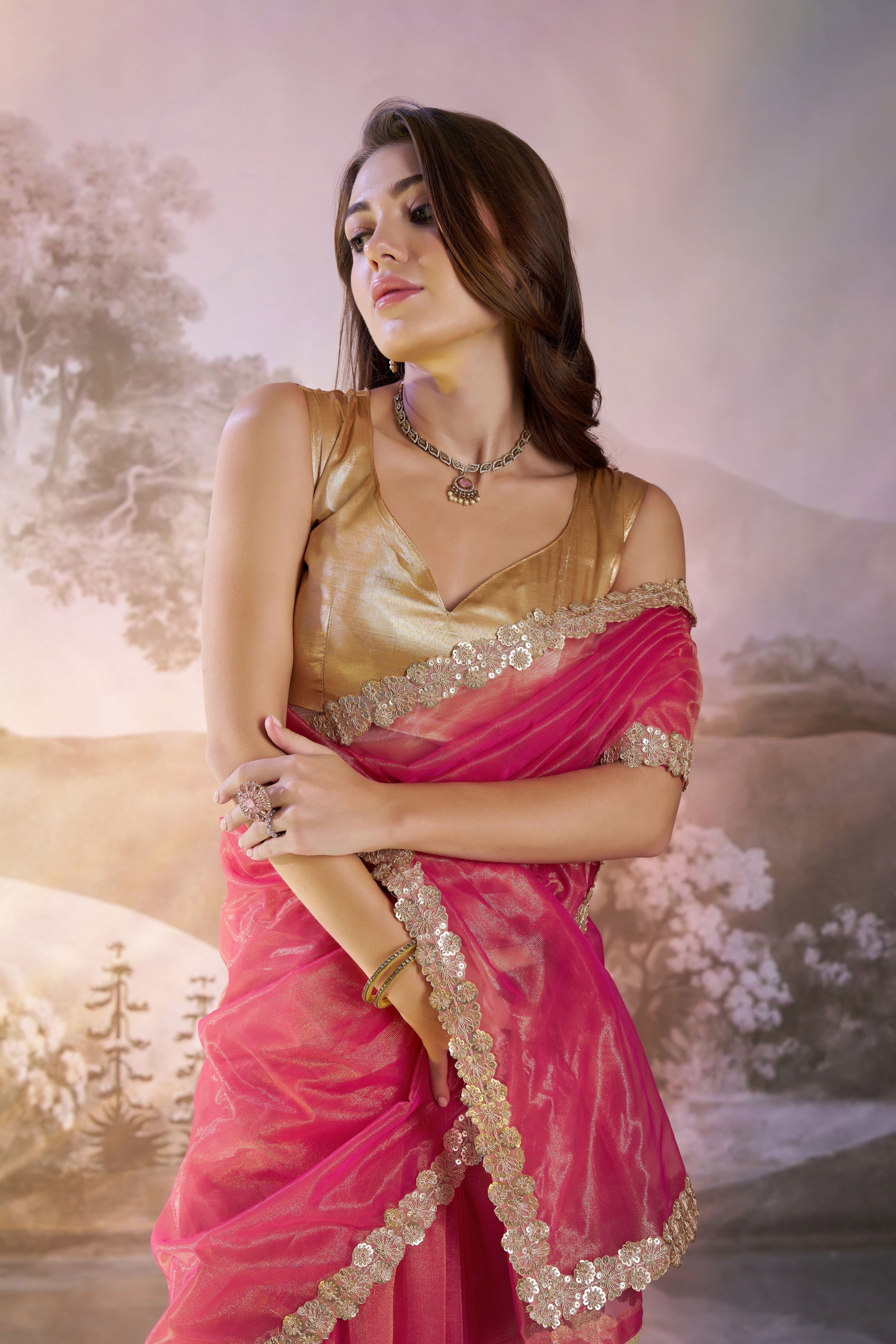 Red Twill Net Solid Fancy Designer Bollywood Style Saree