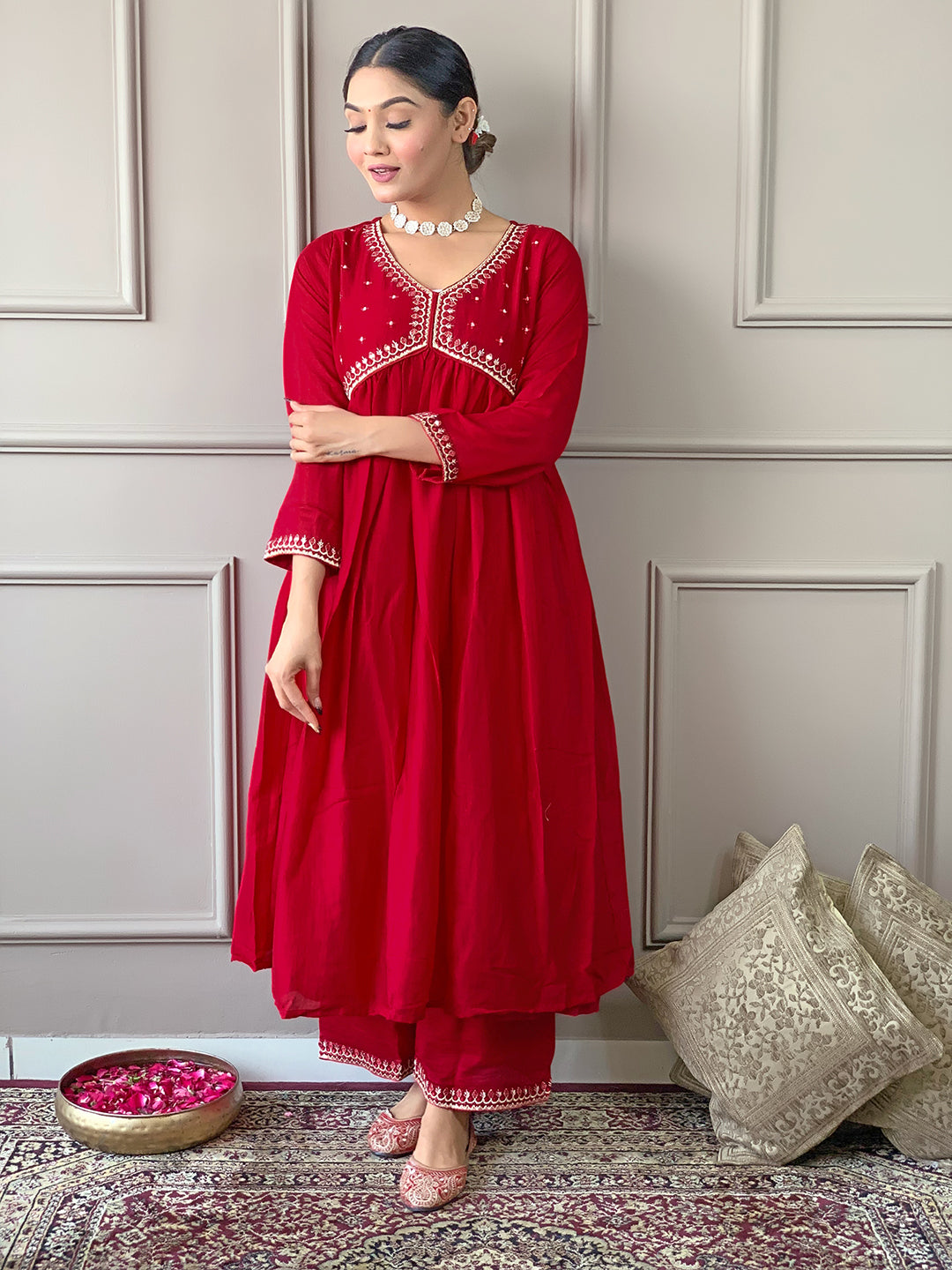 Red Vichitra Silk Elegant Kurta Pant Set With Embroidery Work