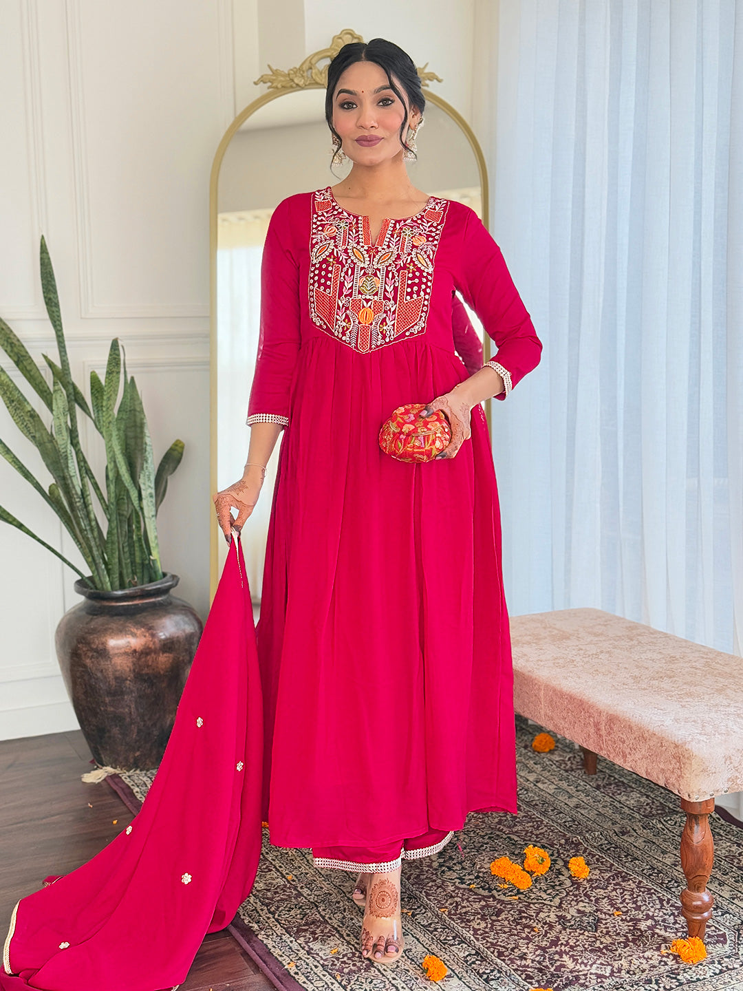 Red Vichitra Silk Elegant Kurta Pant Set With Thread Work