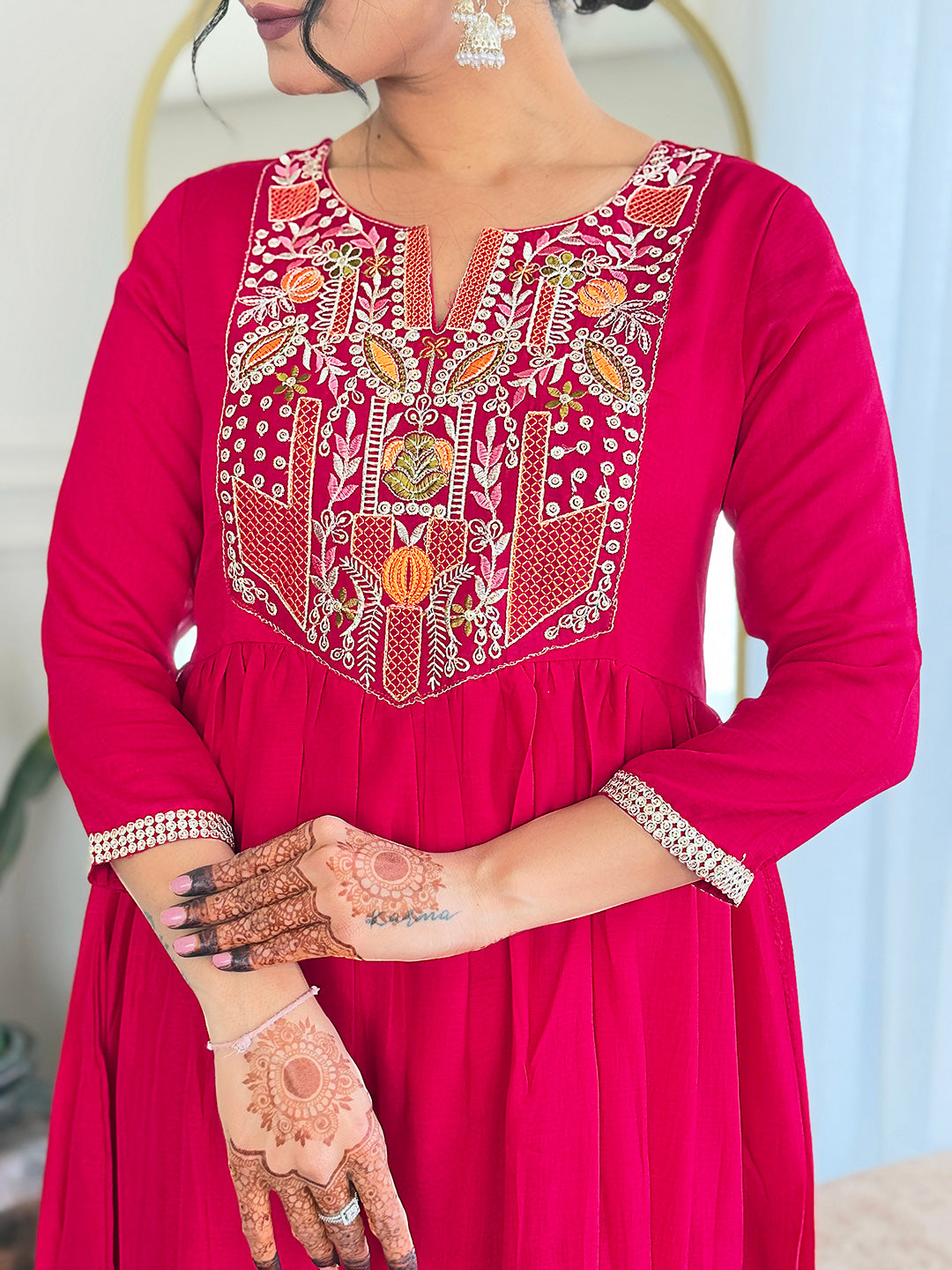 Red Vichitra Silk Elegant Kurta Pant Set With Thread Work