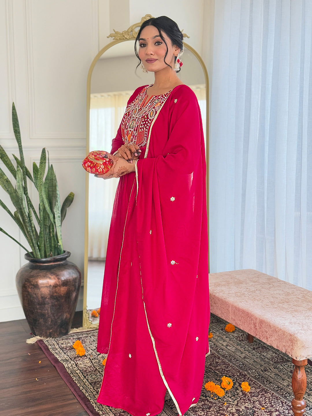 Red Vichitra Silk Elegant Kurta Pant Set With Thread Work