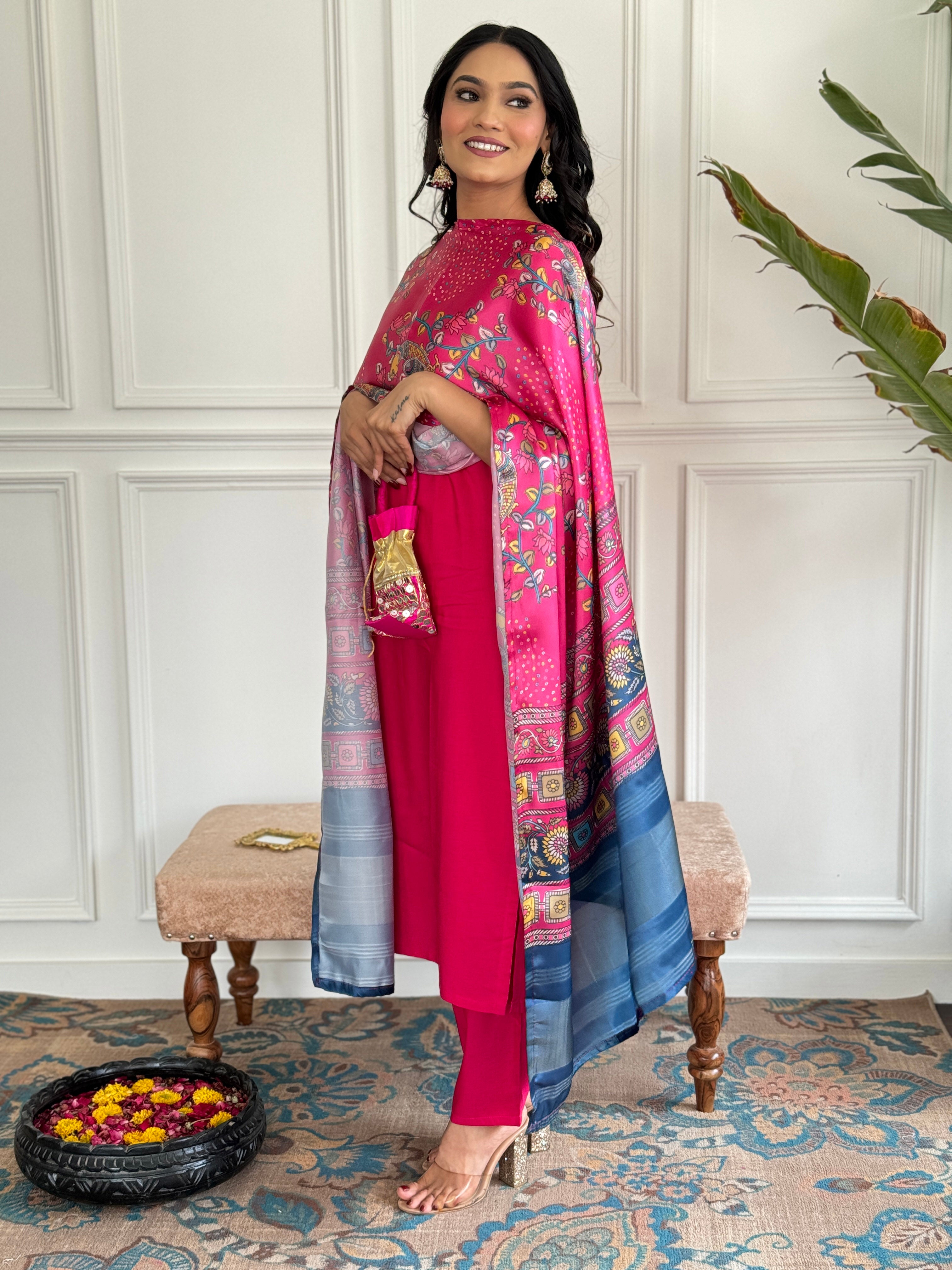 Red Viscose Elegant Kurta Pant Set With Embroidery Work