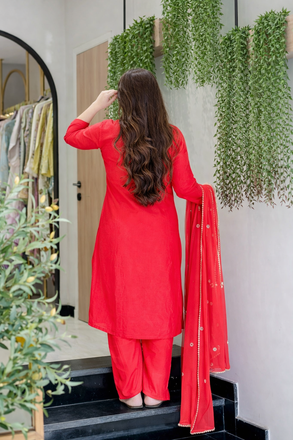 Red Viscose Shimmer Kurta Pant Set With Heavy Thread Embroidery Work