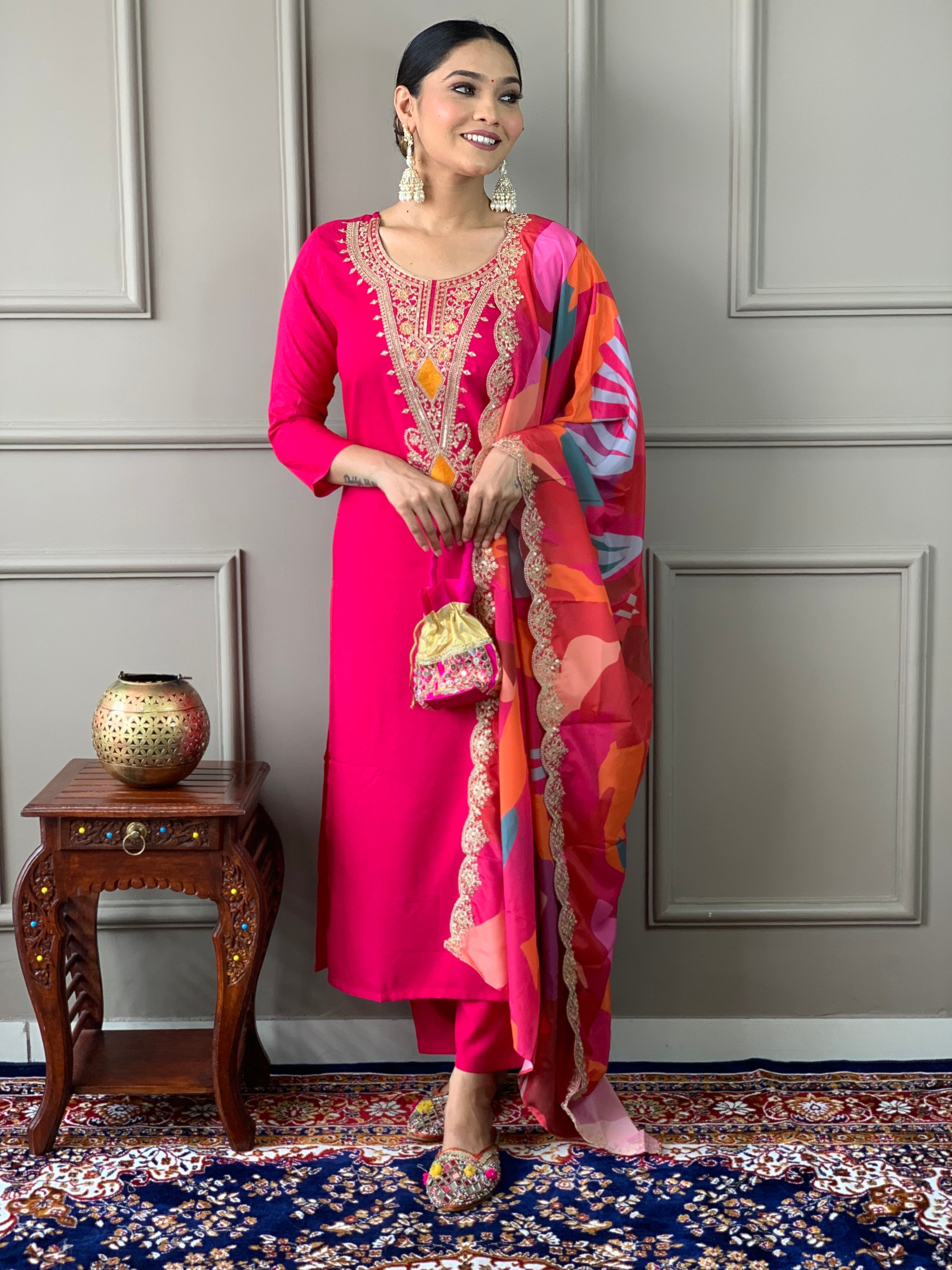 Red Viscose Silk Elegant Kurta Pant Set With Embroidery Work
