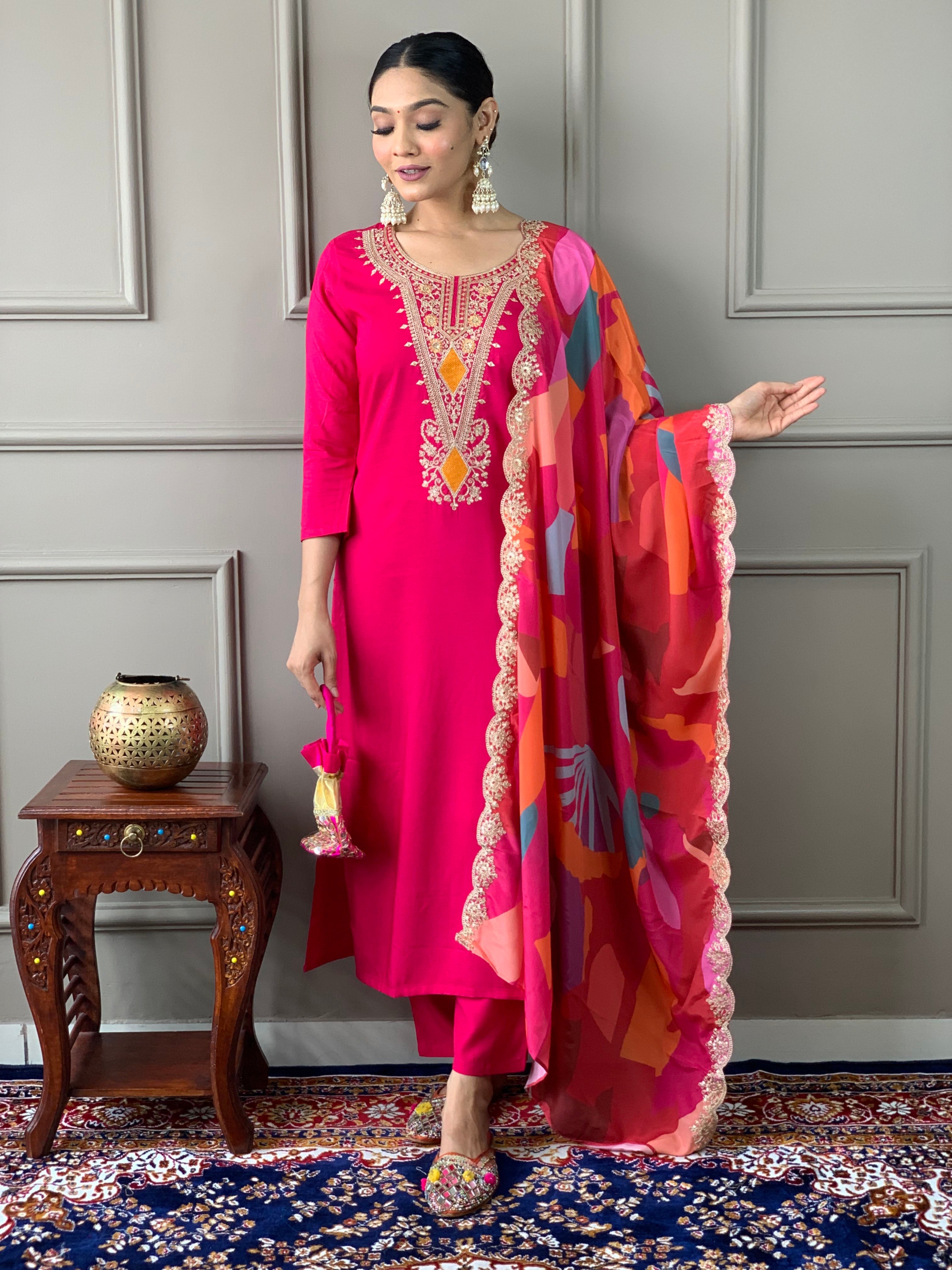 Red Viscose Silk Elegant Kurta Pant Set With Embroidery Work