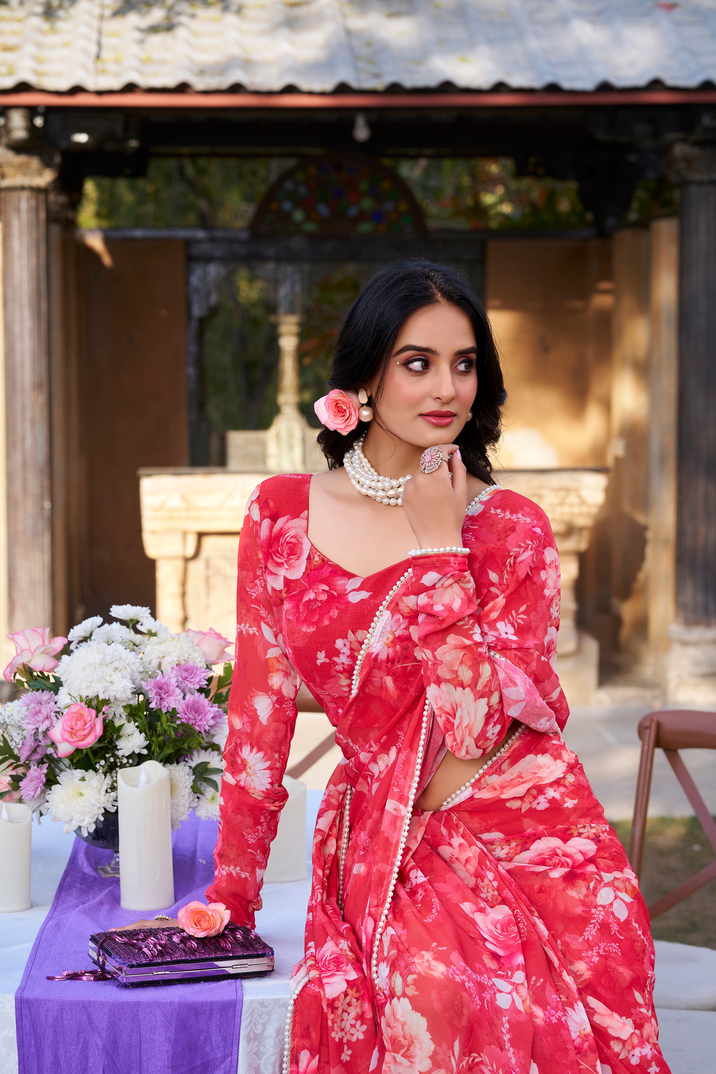 Red Weightless Marble Print Saree with Pearl Lace Border