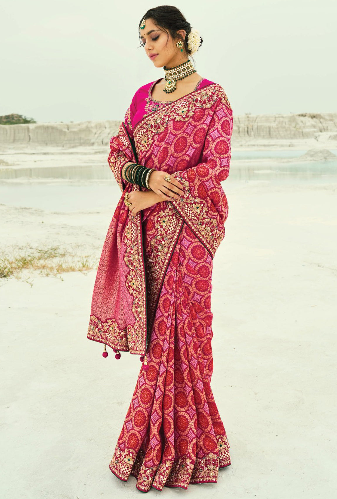 Red & Rani  Bandhej Saree with Heavy Hand Work Border With Embroidery Blouse