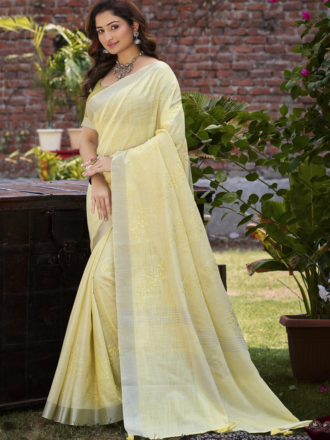 Refined Yellow Linen Festival Saree for Women