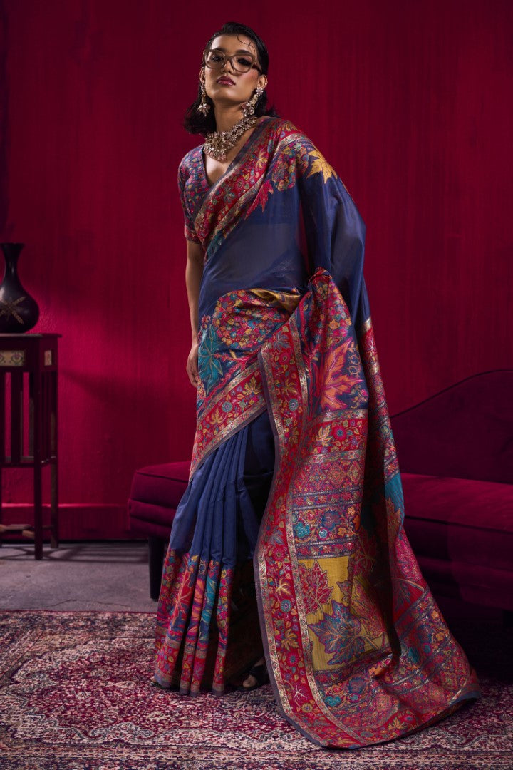 Regal Navy Blue Modal Pashmina Saree with Handloom Zari Work