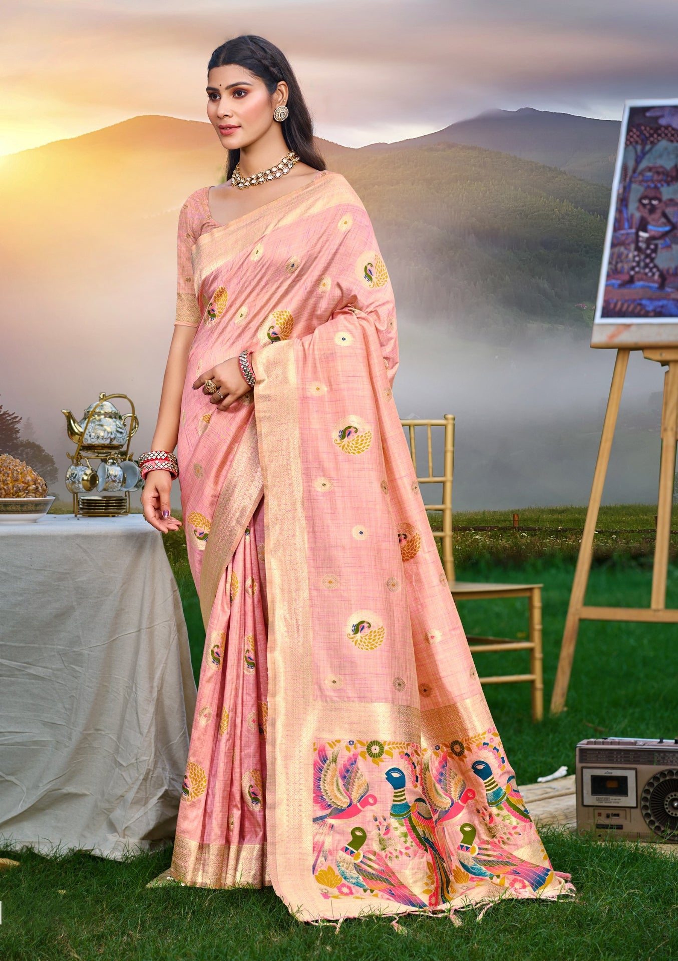 Regal Sea Green Assam Silk Meenakari Festival Saree