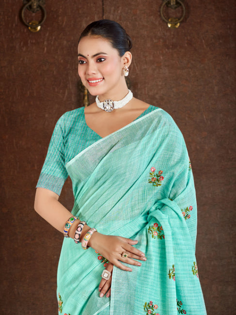 Regal Sea Green Linen Festival Saree for Women