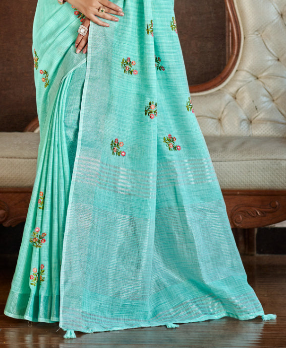 Regal Sea Green Linen Festival Saree for Women