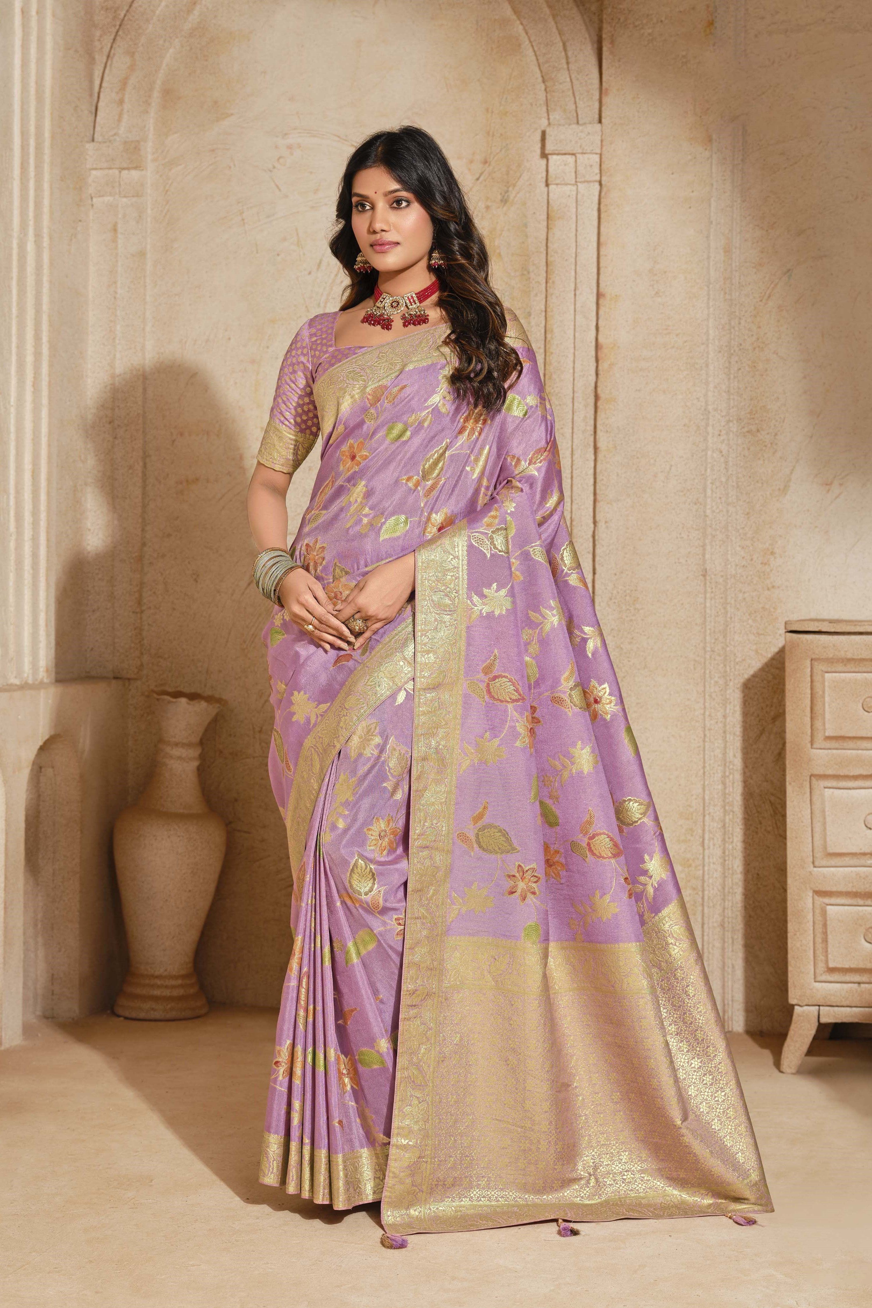 Rich And Heavy Woven Jari Designer Mauve Partywear Silk Saree