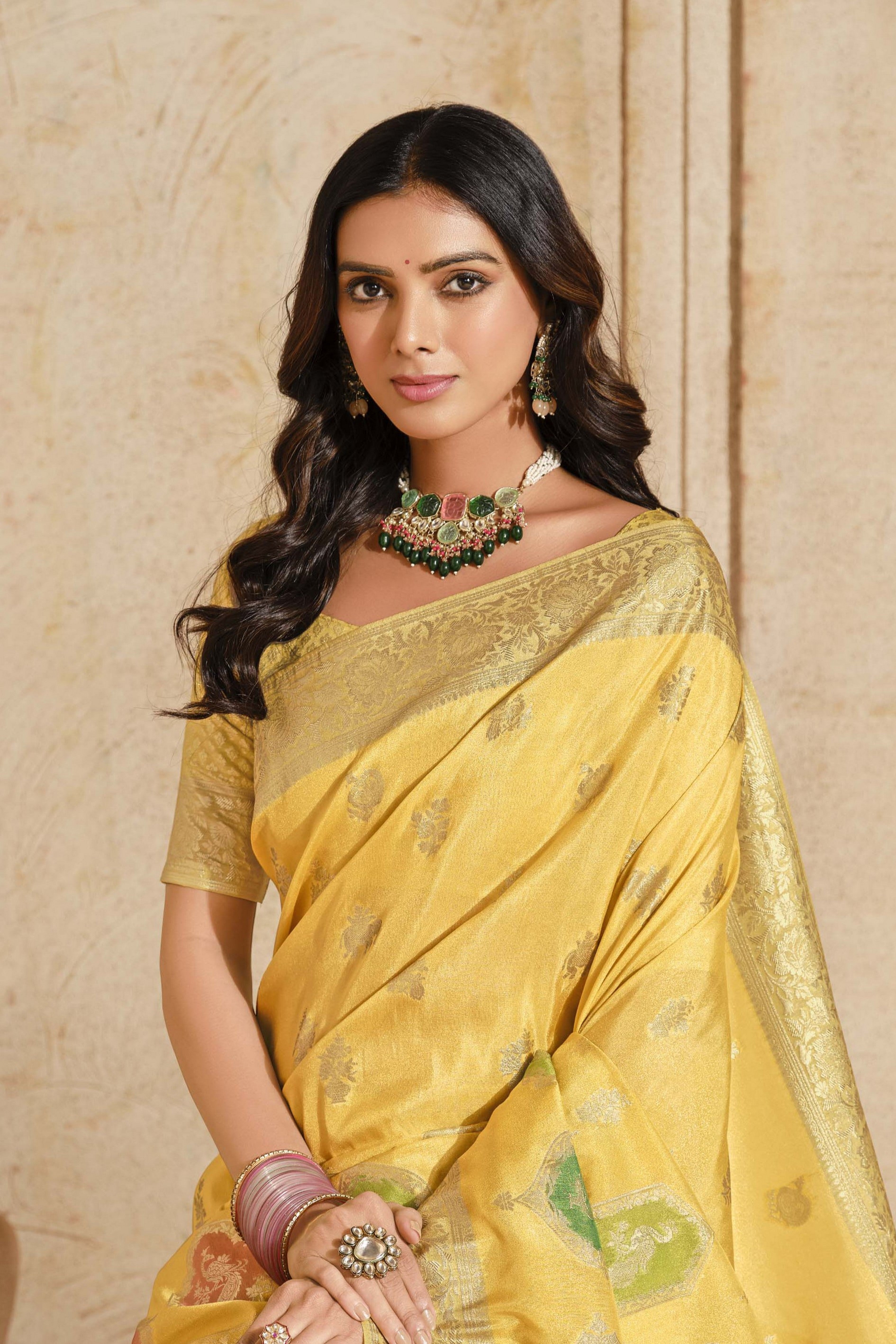 Rich And Heavy Woven Jari Designer Yellow Partywear Silk Saree