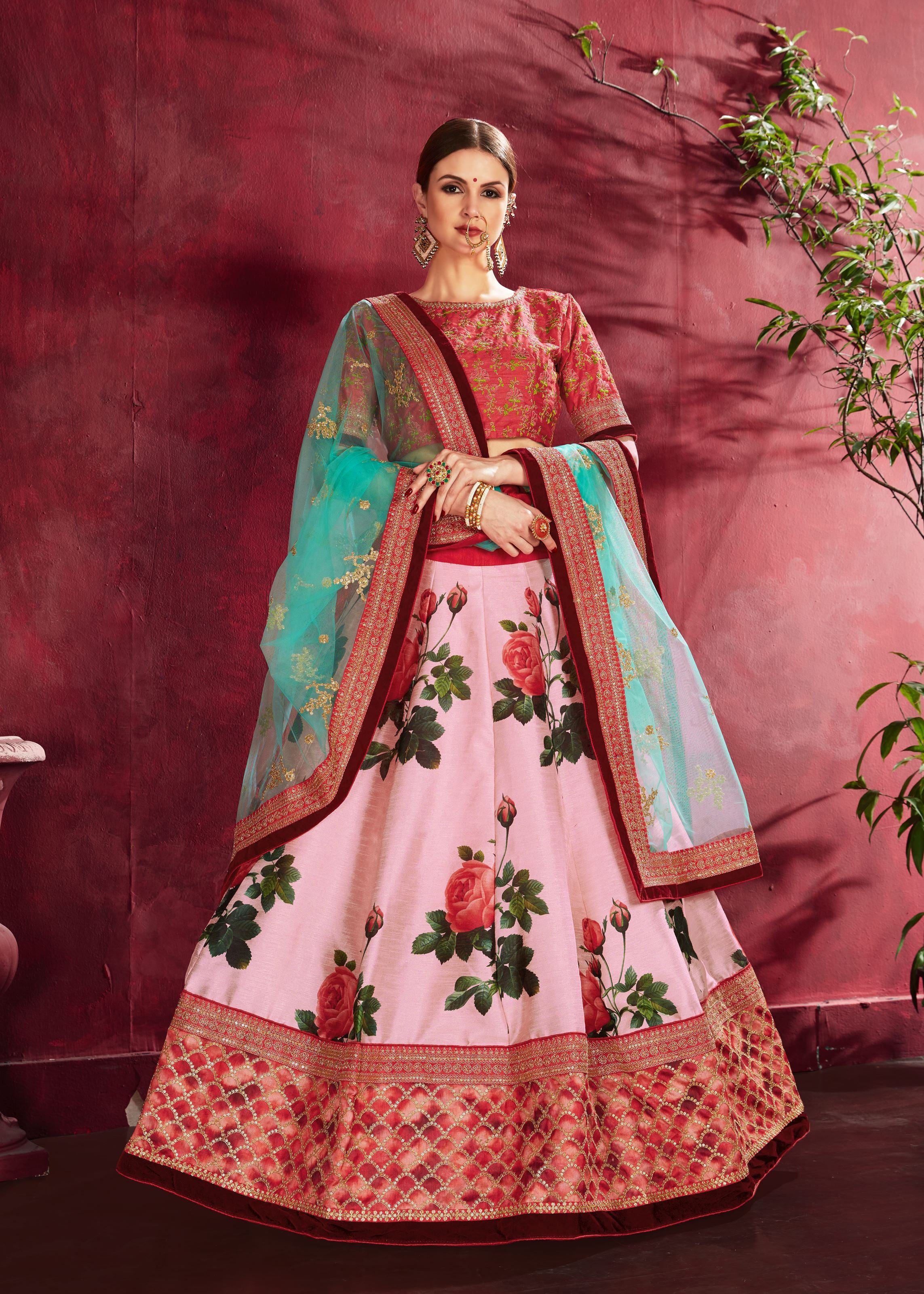 Rose Pink Lehenga Choli With Floral Print, Dori, Zari And Sequins Embroidery