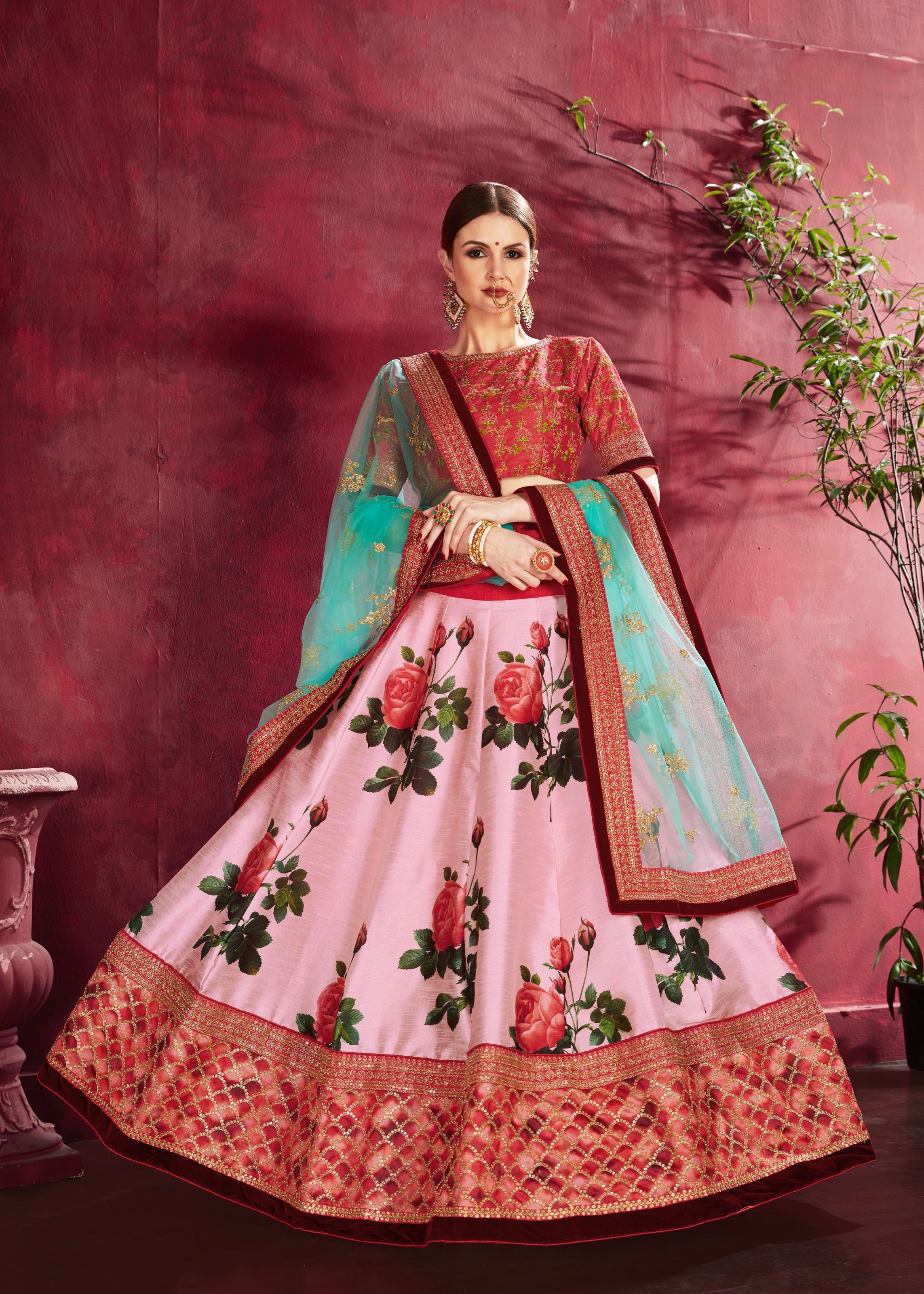 Rose Pink Lehenga Choli With Floral Print, Dori, Zari And Sequins Embroidery