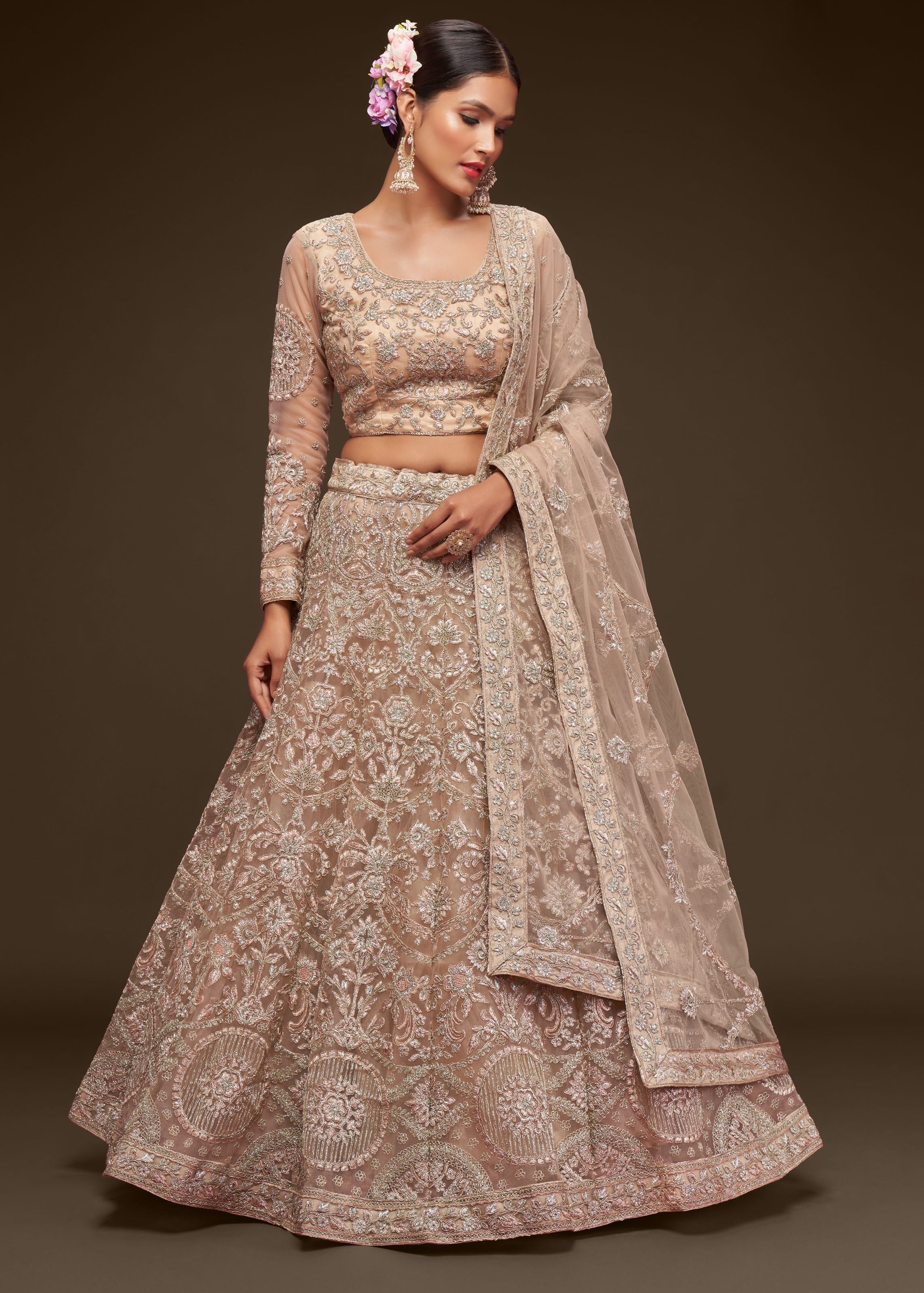 Royal Beige Lehenga Choli With Thread, Zari, Badla And Glitter Dori Embroidery Work