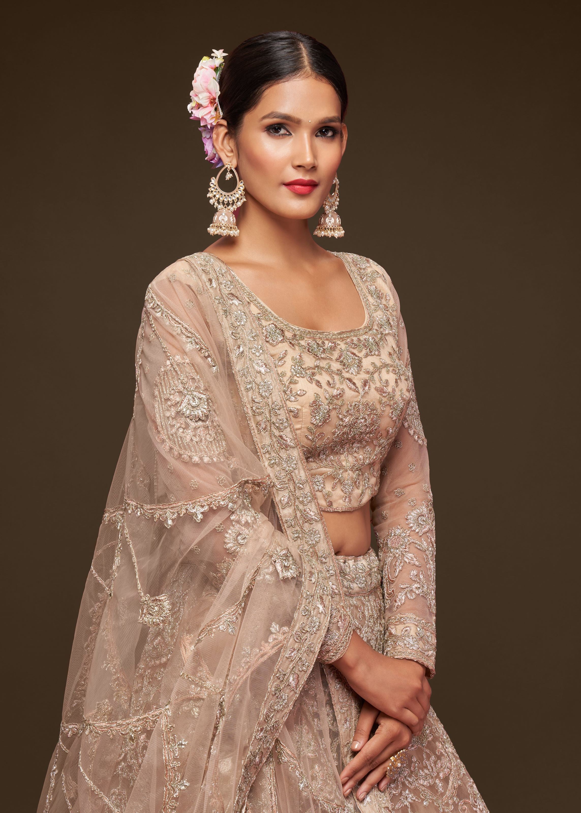Royal Beige Lehenga Choli With Thread, Zari, Badla And Glitter Dori Embroidery Work