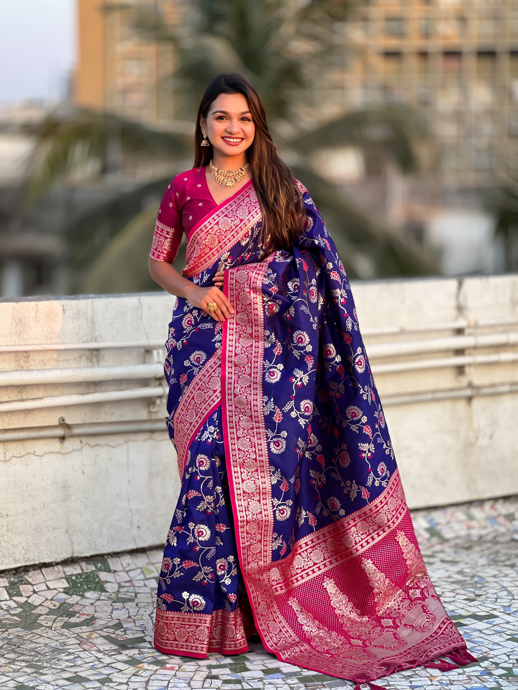 Royal Blue Banarasi Silk Weaving Meenakari Designer Heavy Looks Saree
