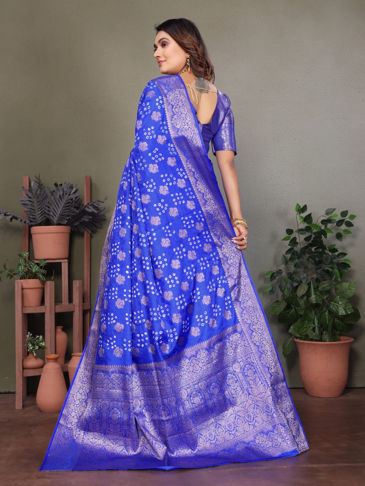 Royal Blue Bandhej Silk Saree With Traditional Zari Weaving