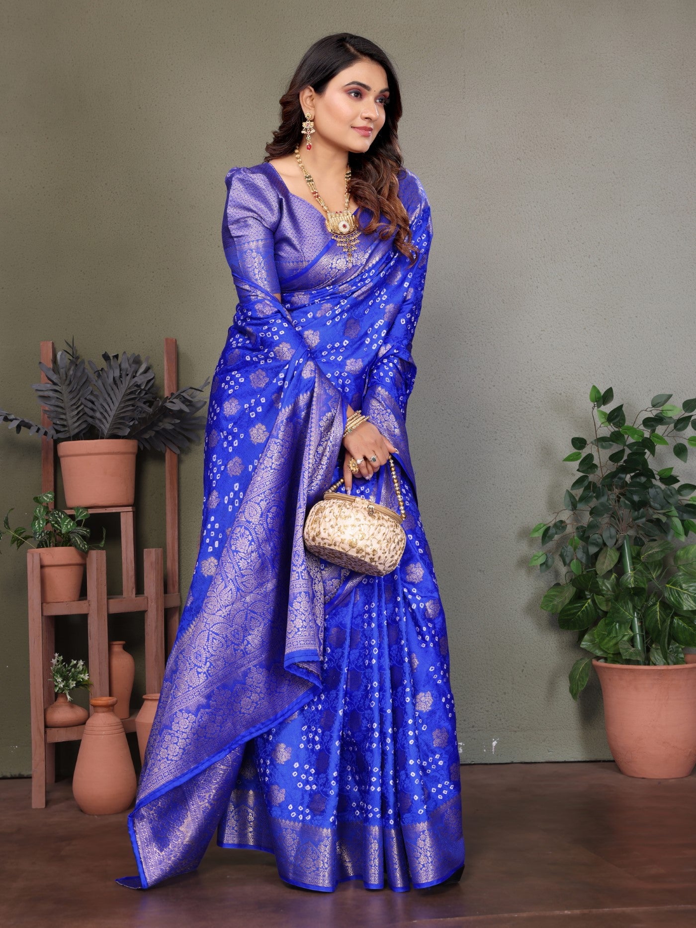 Royal Blue Bandhej Silk Saree With Traditional Zari Weaving