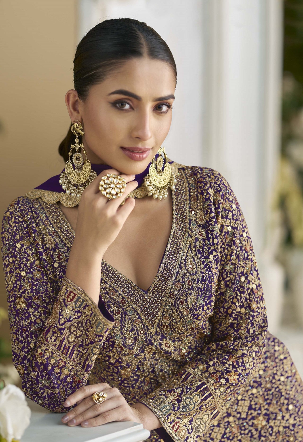 Royal Blue Georgette Palazzo Suit With Seroski Work