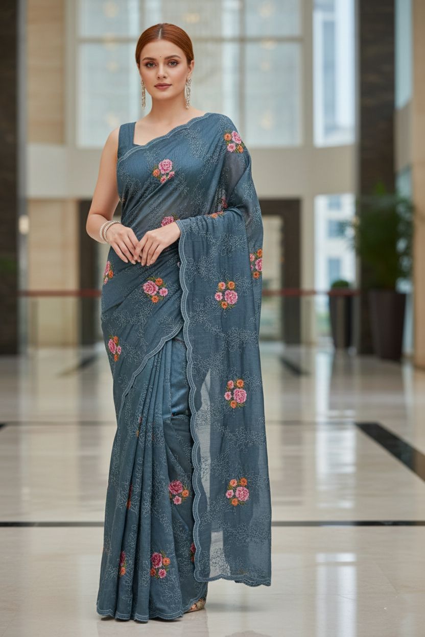 Royal Blue Manipuri Silk Saree with Sequins Embroidery Cut Work