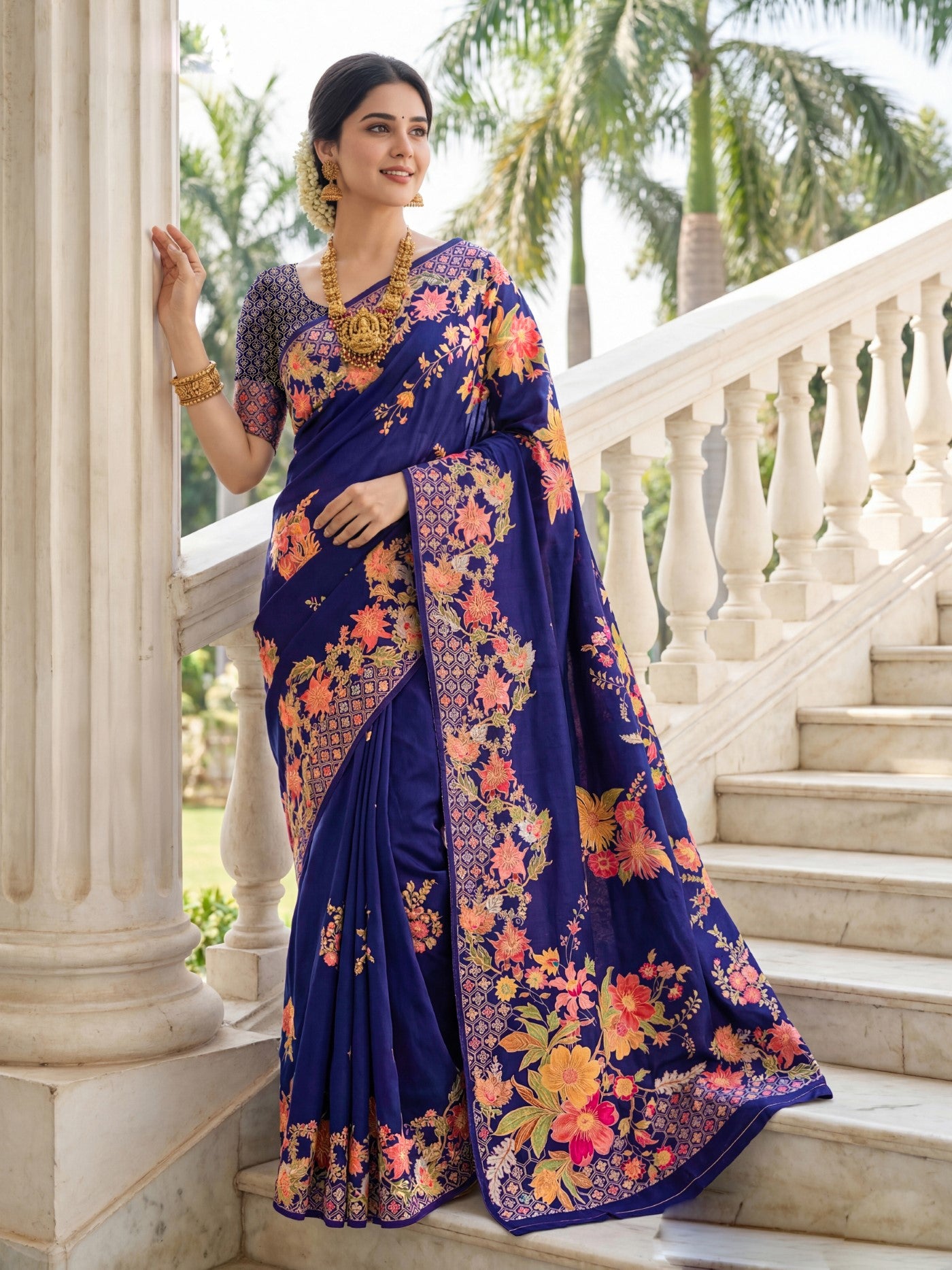 Royal Blue Premium Russian Silk Saree With Designer Floral Position Print