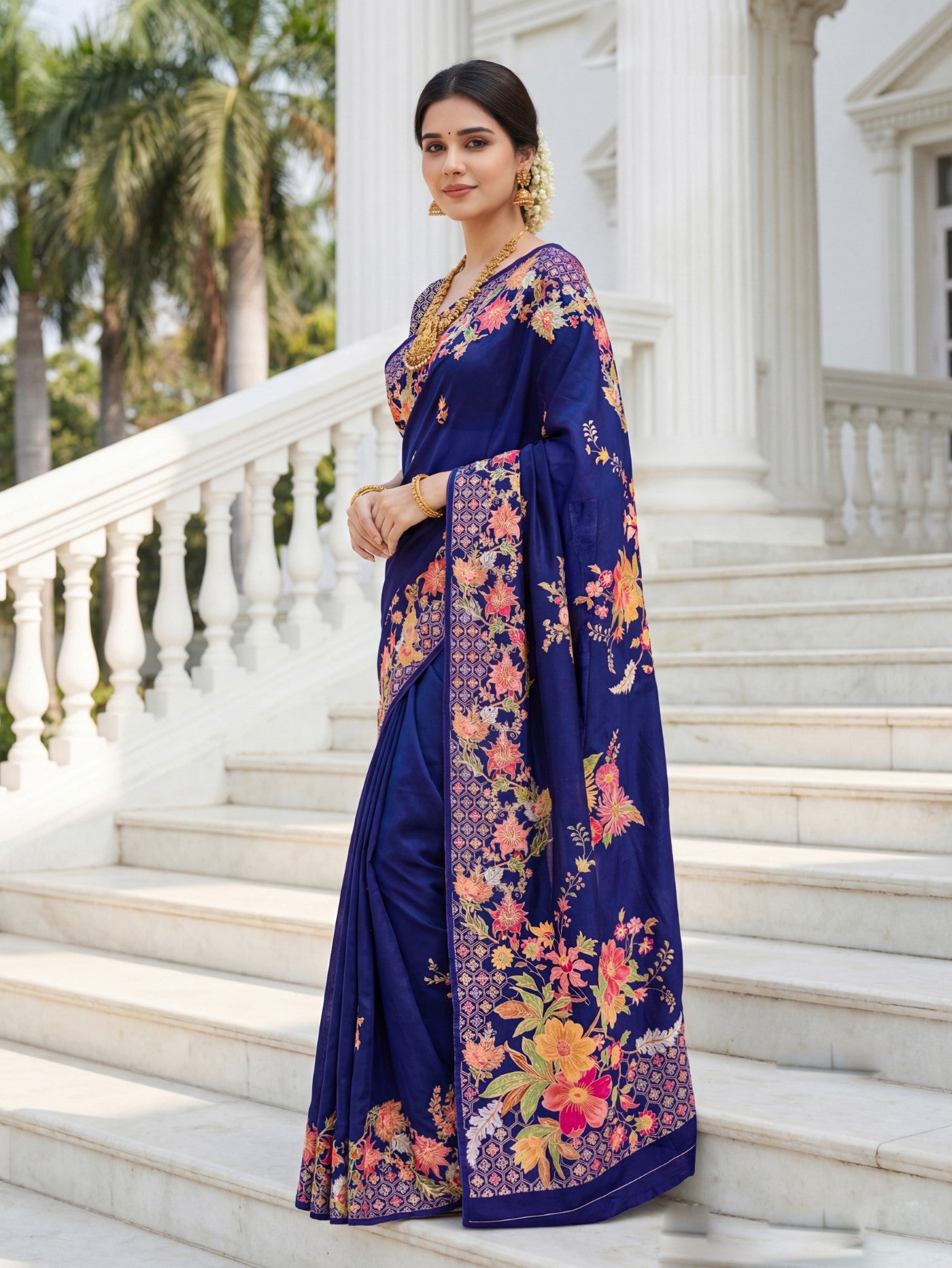 Royal Blue Premium Russian Silk Saree With Designer Floral Position Print