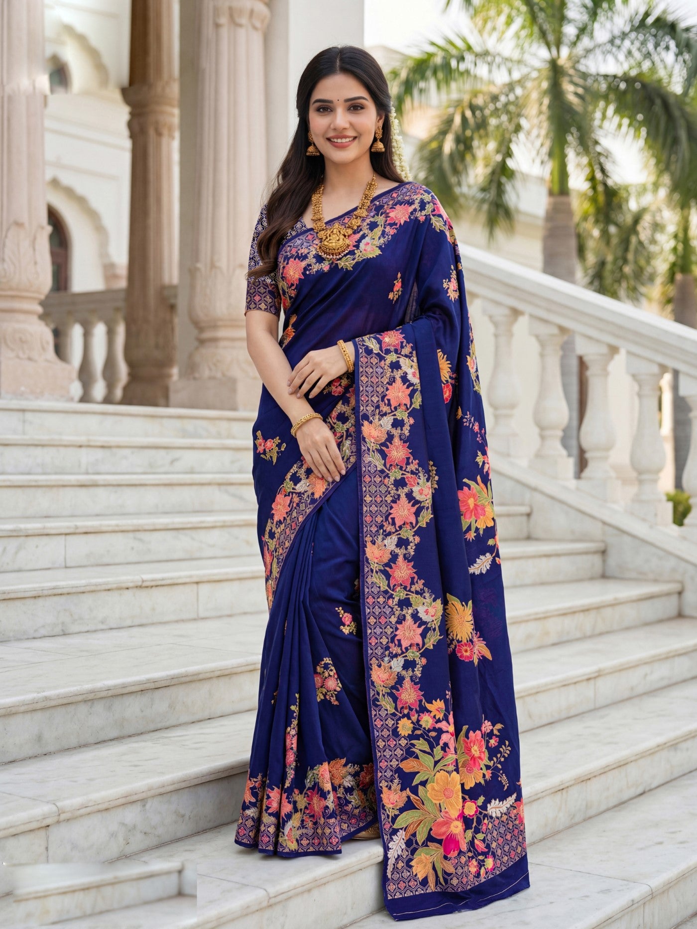 Royal Blue Premium Russian Silk Saree With Designer Floral Position Print