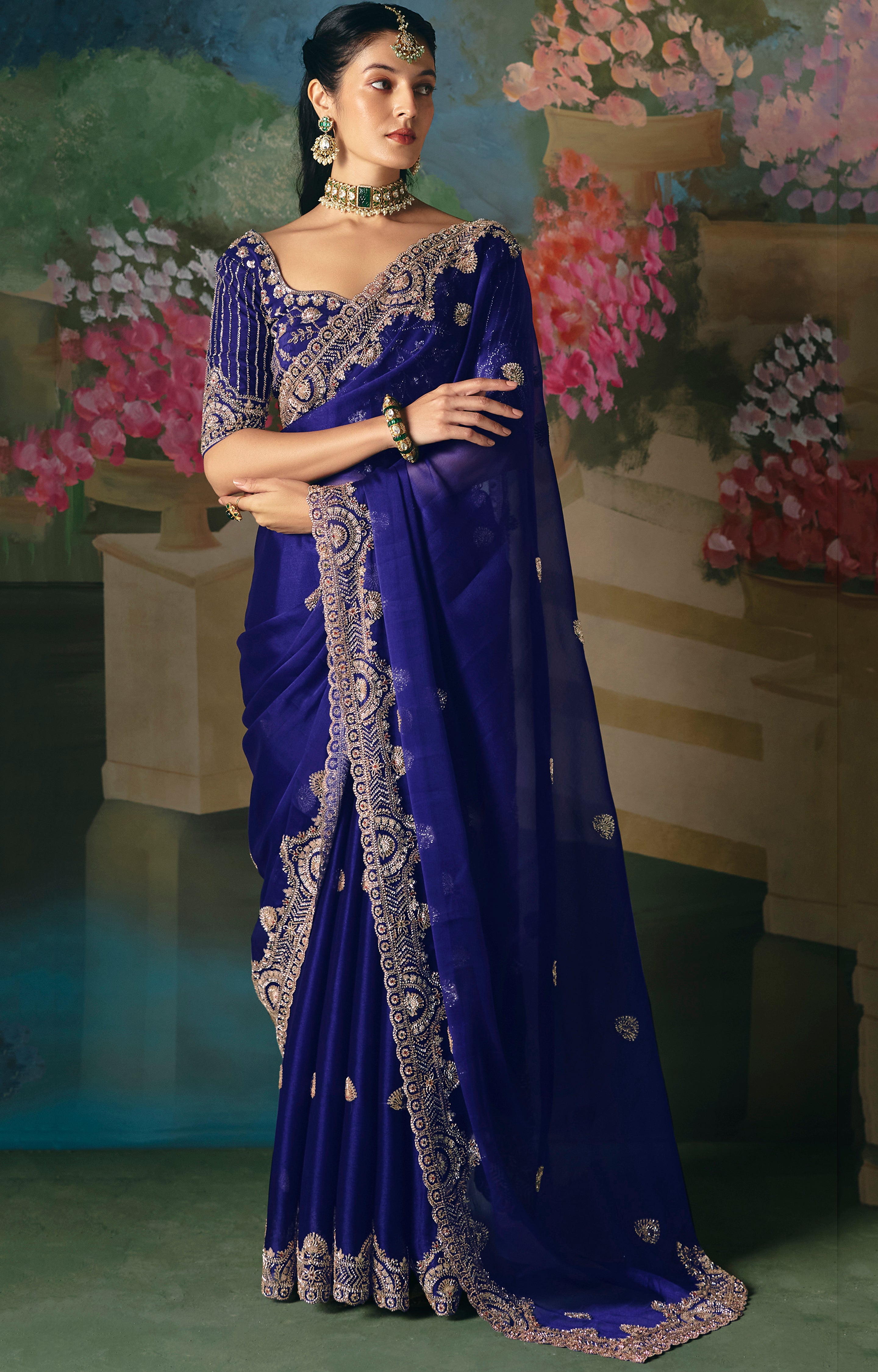 Royal Blue Saree With  Heavy Designer Embroidery, Sequince, Stone, With Beads Work