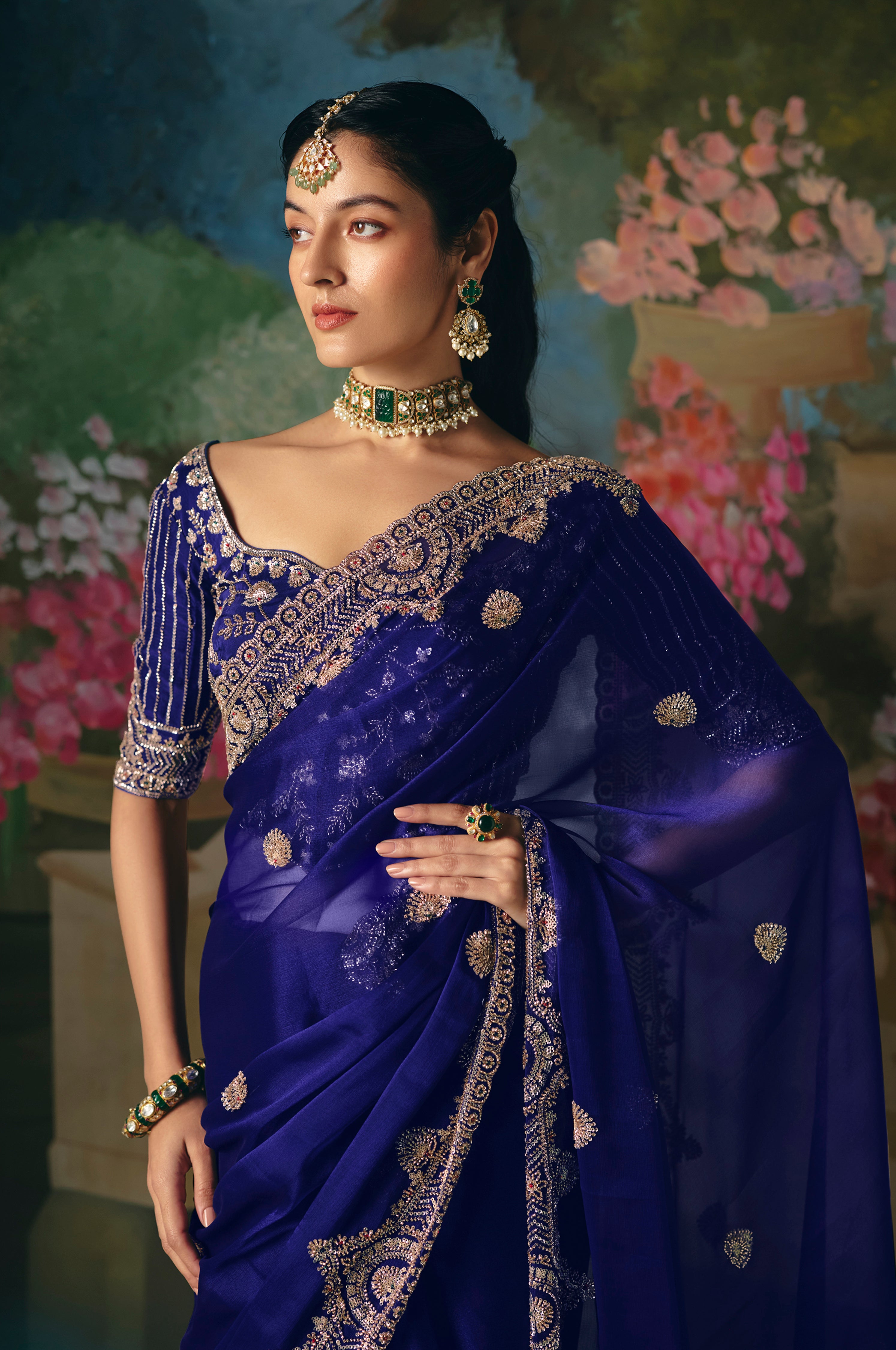 Royal Blue Saree With  Heavy Designer Embroidery, Sequince, Stone, With Beads Work
