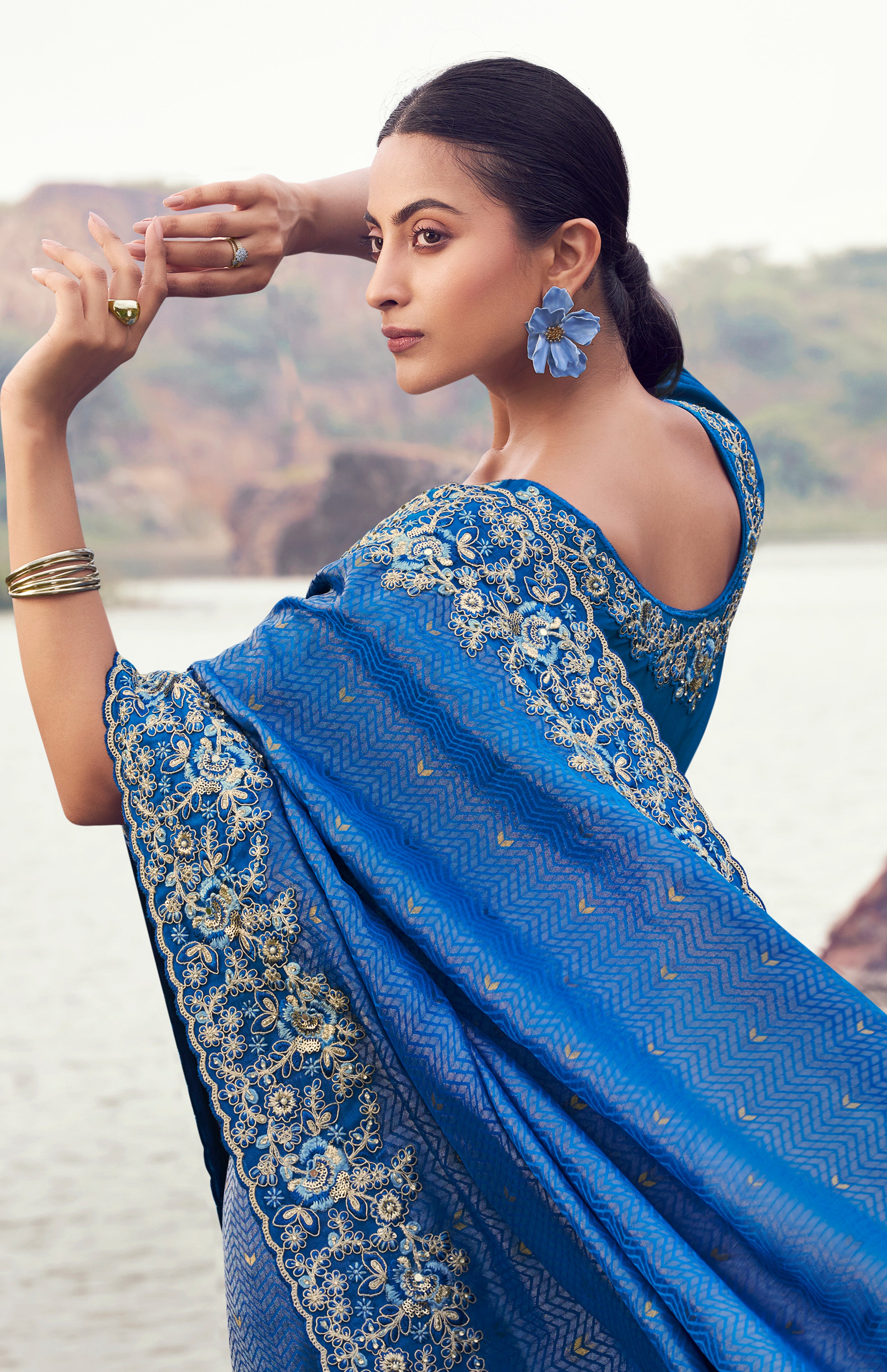 Royal Blue Saree With  Jacquard Woven With Embroidered Border & Blouse