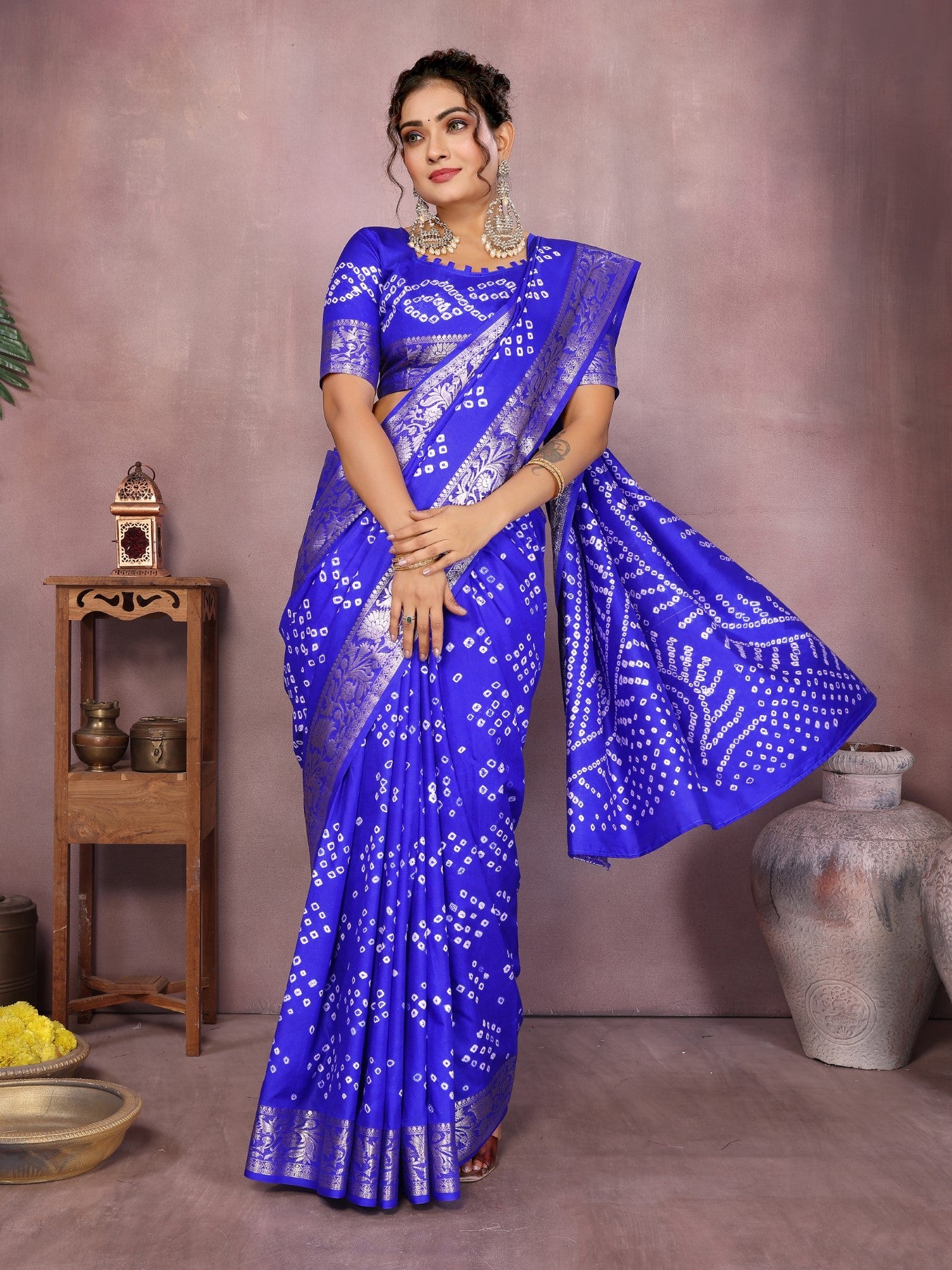 Royal Blue Silk Saree With Bandhej And Traditional Zari Weaving