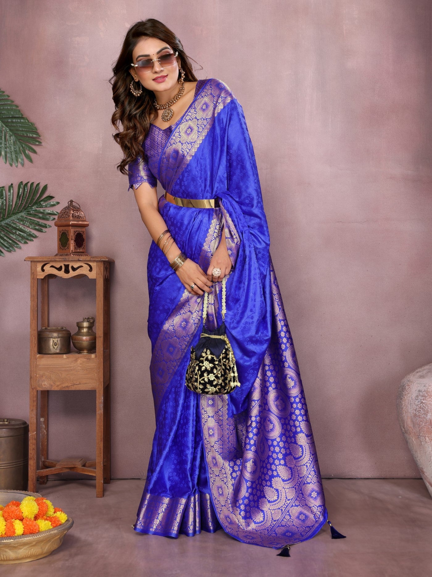 Royal Blue Soft Satin Silk Saree With Classic Zari Weaving