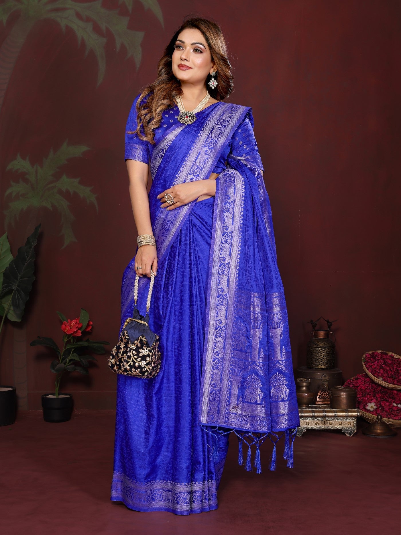 Royal Blue Soft Satin Silk Saree With Premium Zari Weaving
