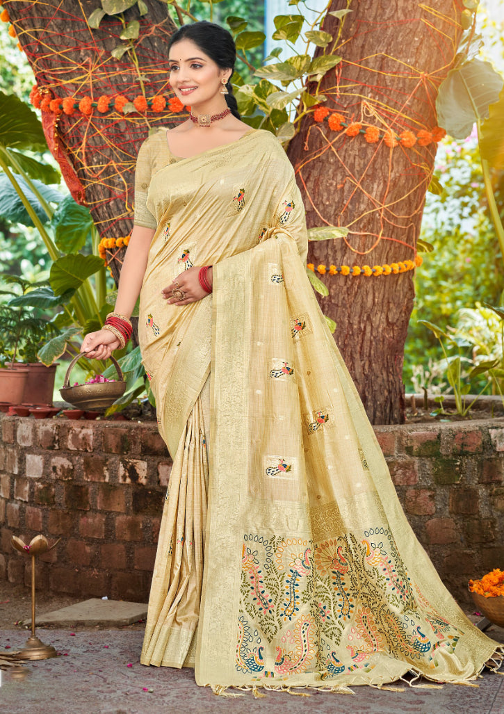 Royal Cream Assam Silk Meenakari Festival Saree