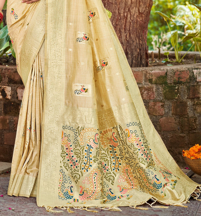 Royal Cream Assam Silk Meenakari Festival Saree