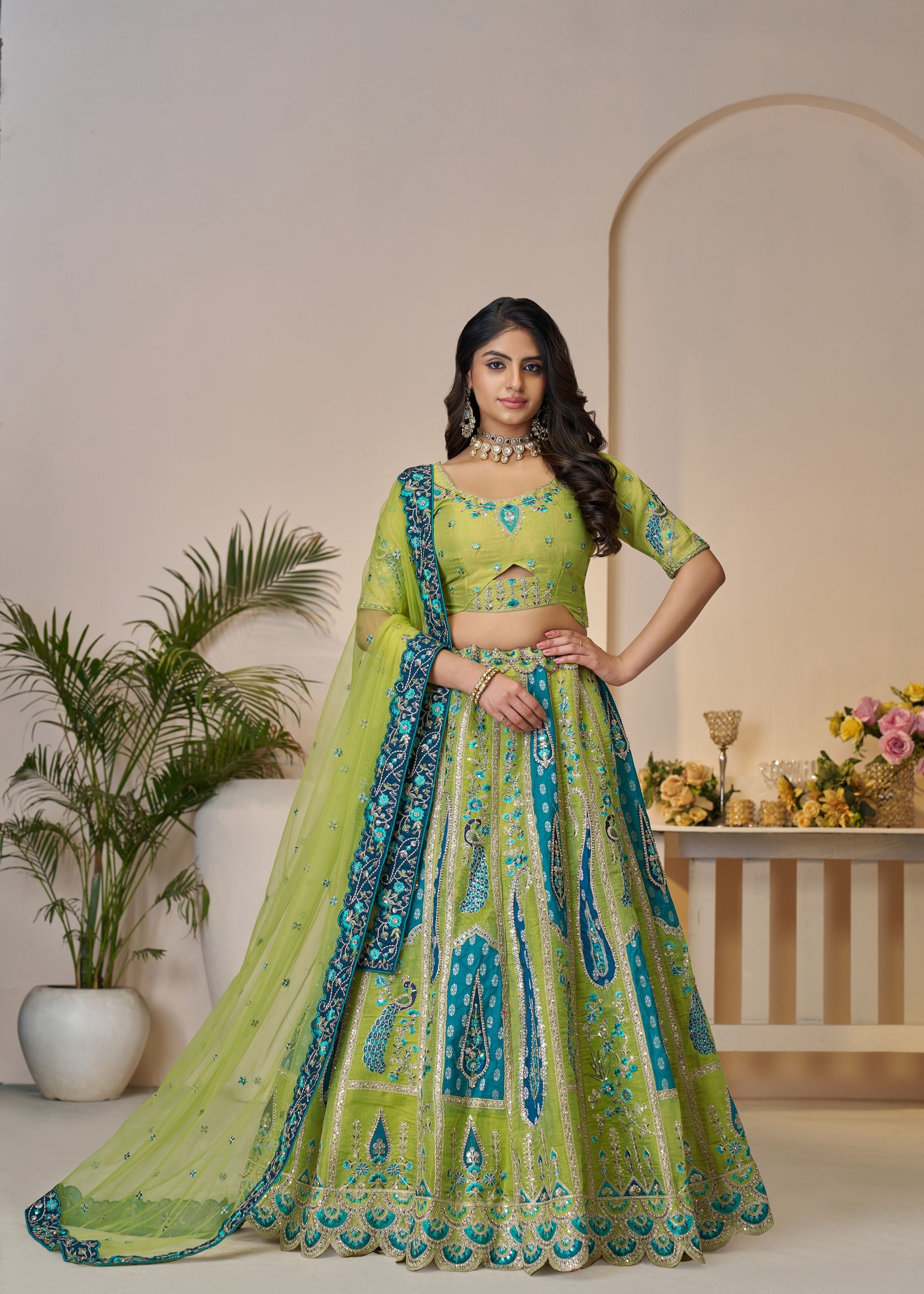 Royal Grandeur Bridal  Green Soft Net Lehenga With Paisley And Peacock Motifs