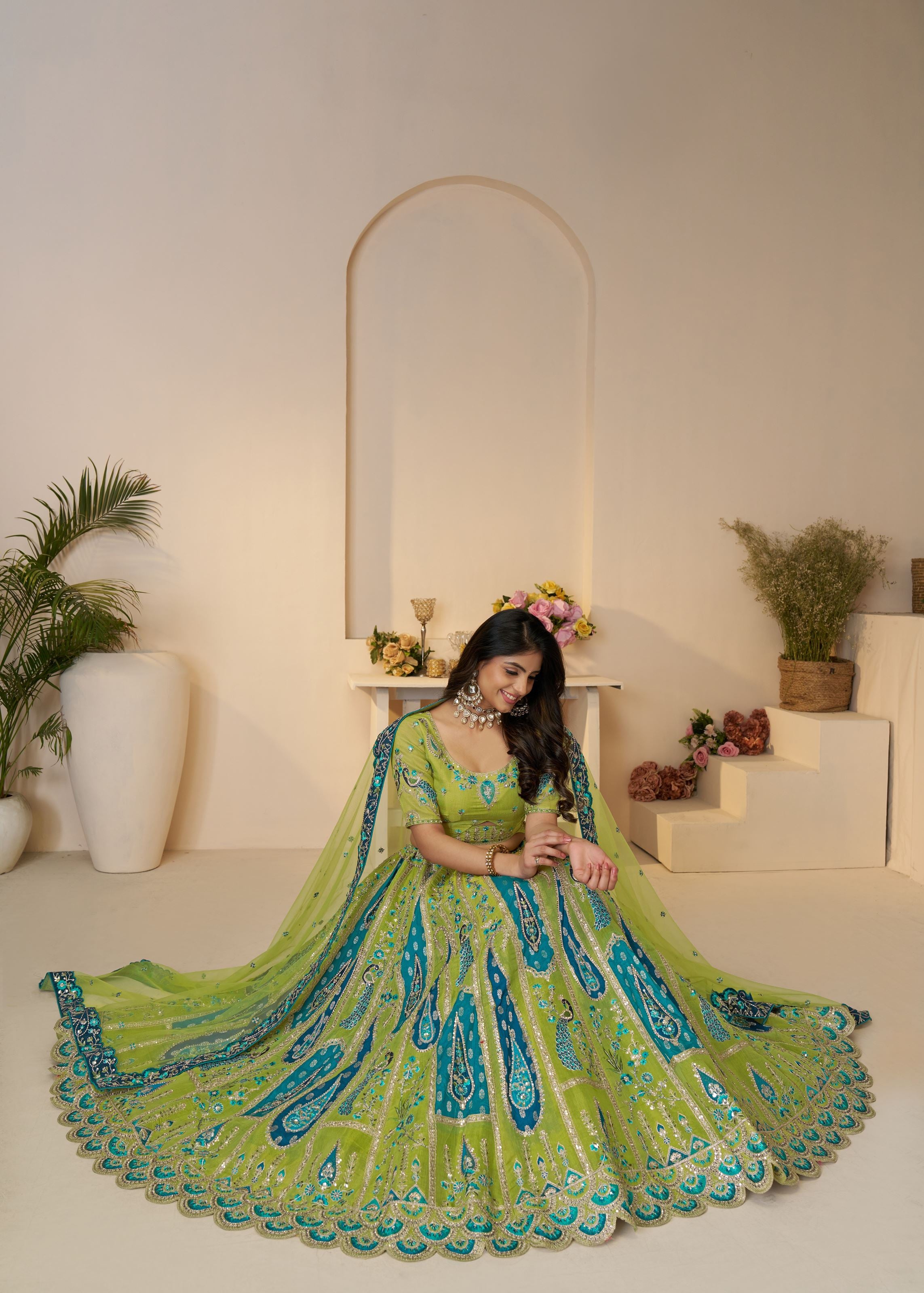 Royal Grandeur Bridal  Green Soft Net Lehenga With Paisley And Peacock Motifs