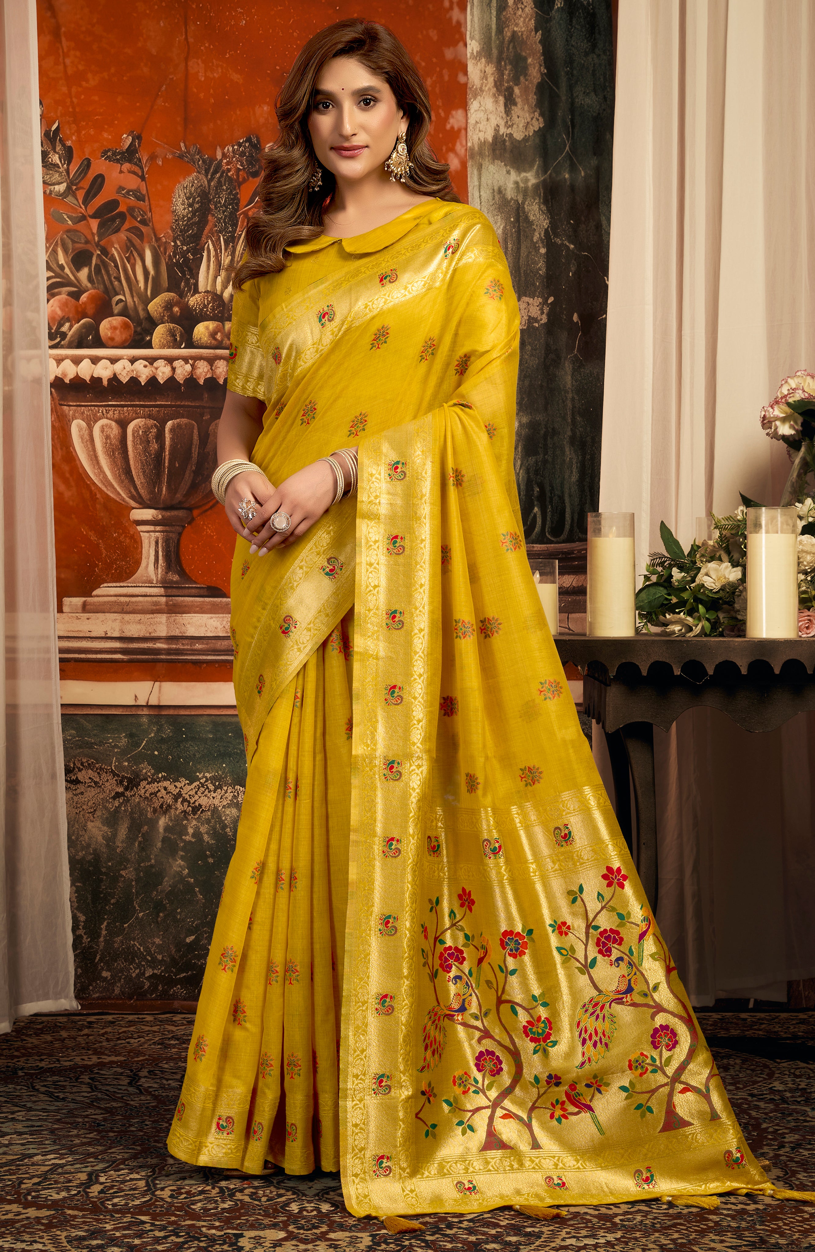 Royal Mustard Super Kota Saree with Traditional Paithani Design