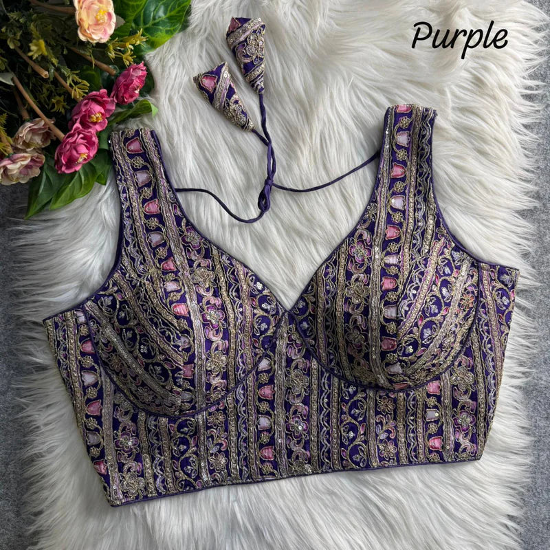 Royal Purple Couture Heavy Neck Position Work Blouse  Pure Crepe Embroidered & Sequined Partywear