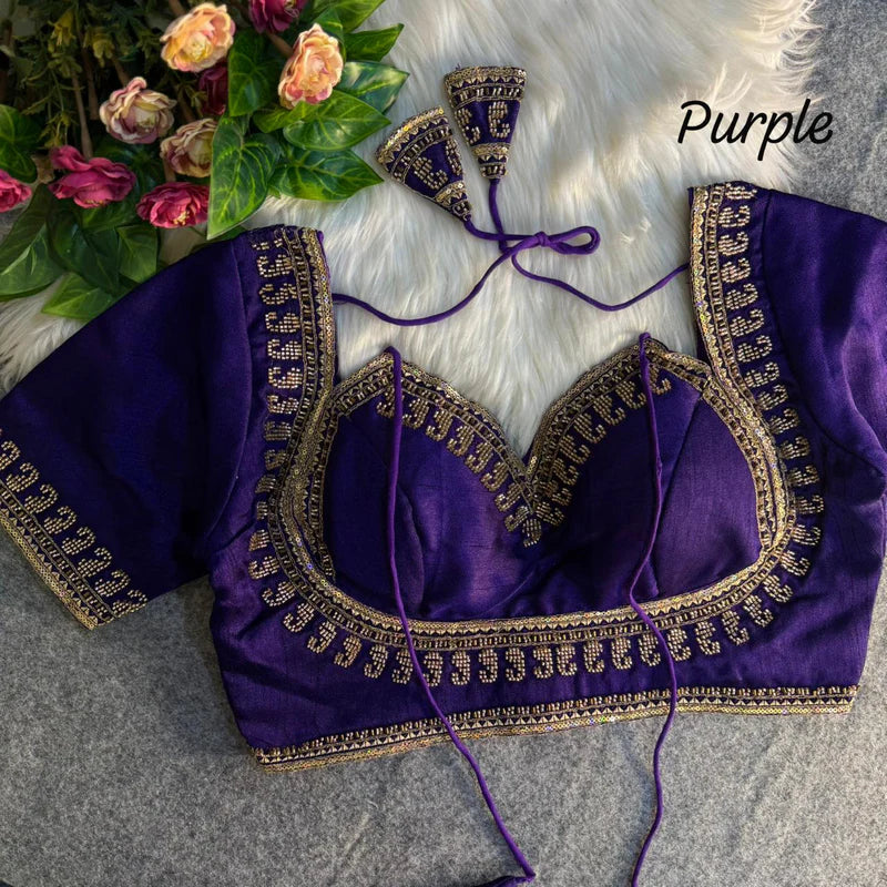 Royal Purple Royal Beads Work Bridal Blouse  Italian Silk Designer Couture Wear
