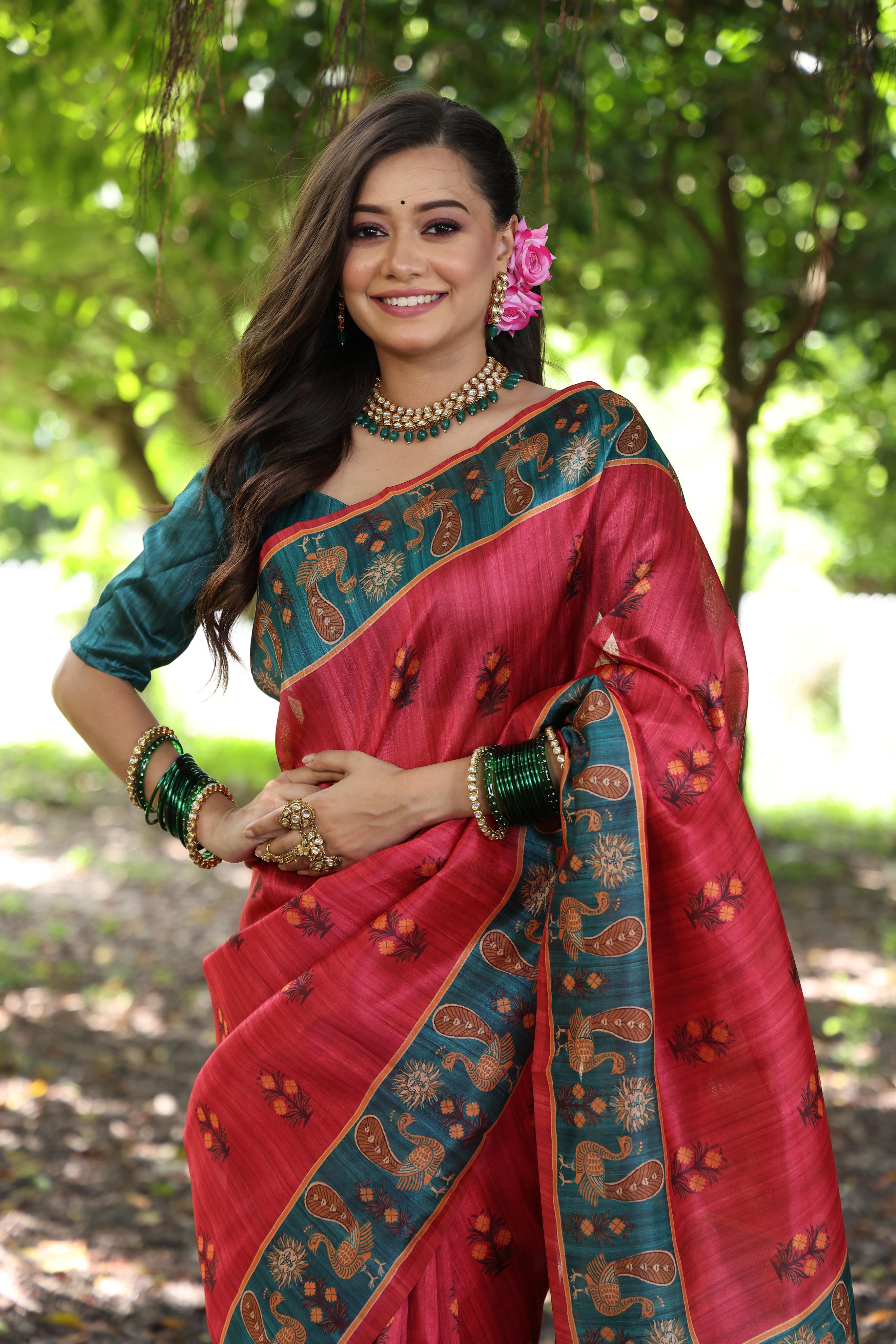 Royal Red Tussar Silk Saree with Traditional Printed Design