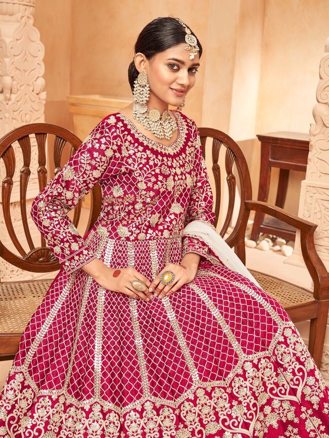 Ruby Art Silk Heavy Thread Embroidery with Zari Work  Anarkali Suits